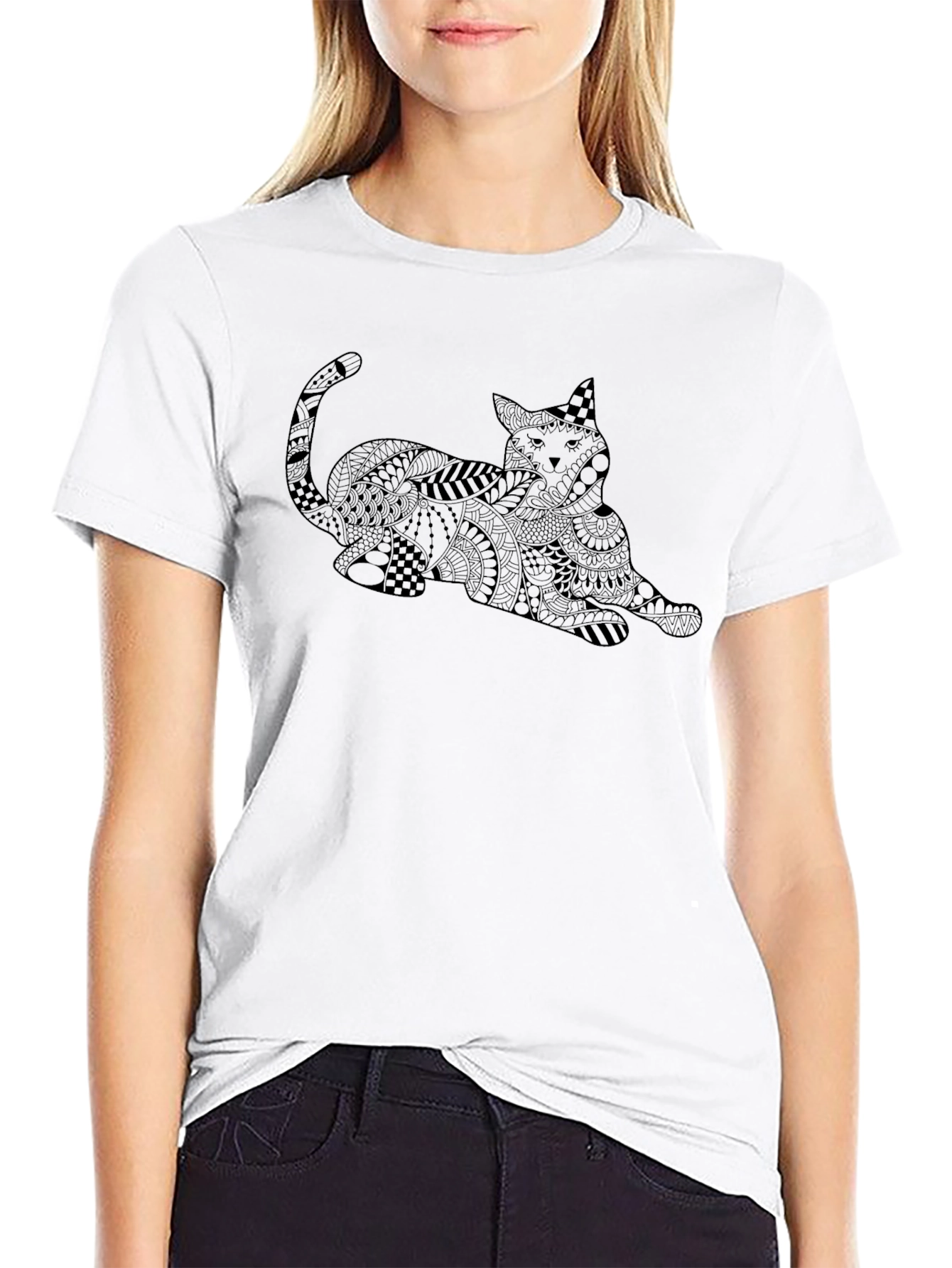 Black T-Shirt with Abstract Cat Design