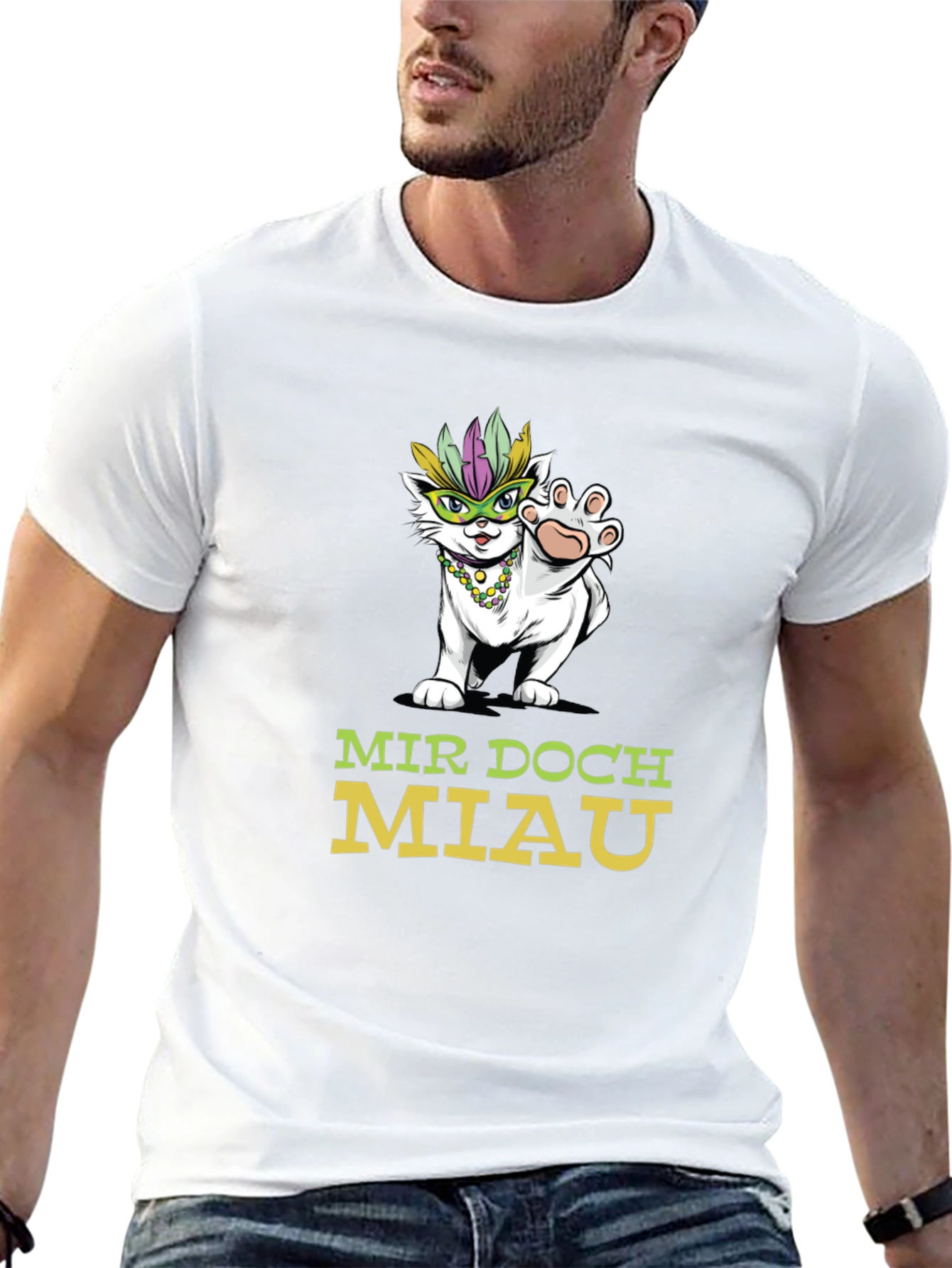 Mardi Gras Kitten T-Shirt: Mir Doch Miau Cat Tee