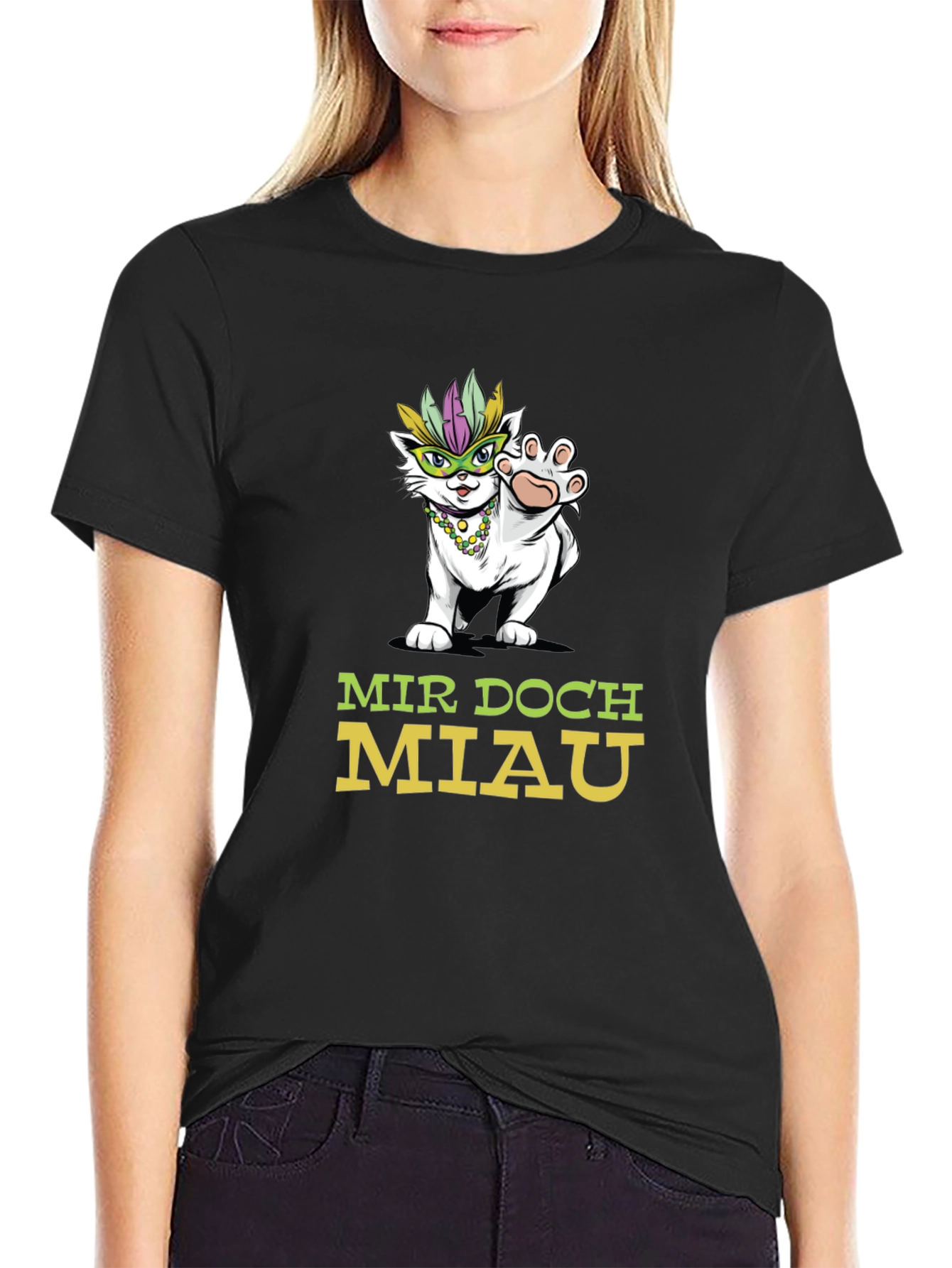 Mardi Gras Kitten T-Shirt: Mir Doch Miau Cat Tee