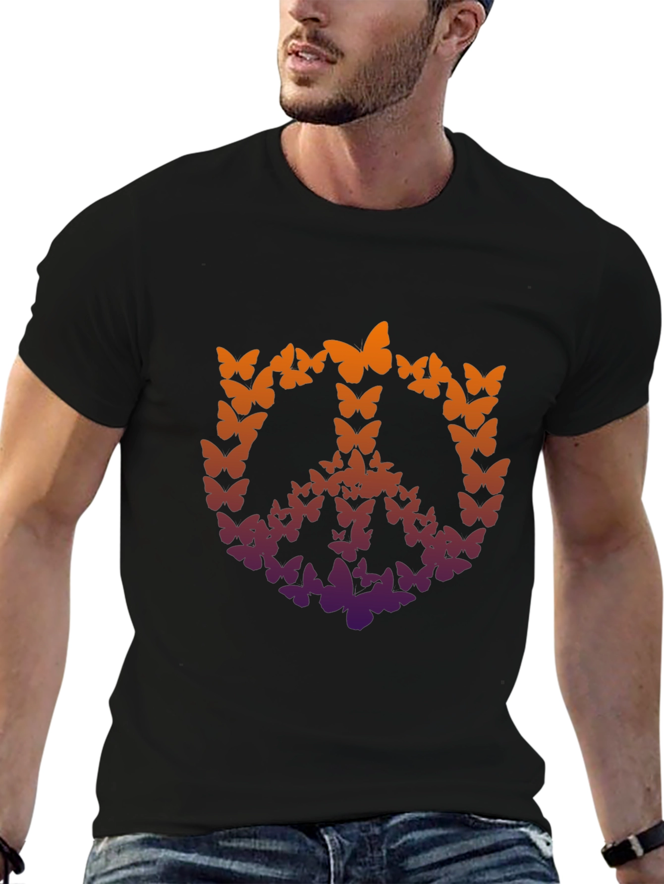 Butterfly Peace Sign Graphic T-Shirt - Black