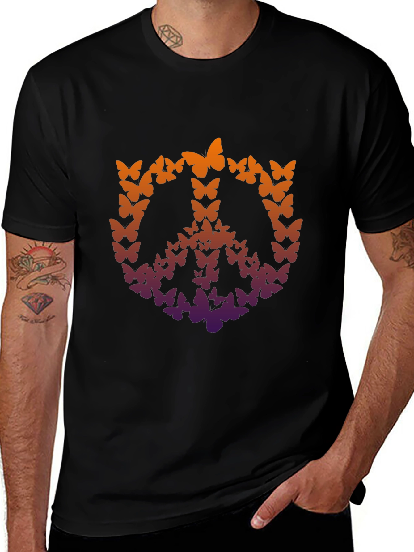 Butterfly Peace Sign Graphic T-Shirt - Black