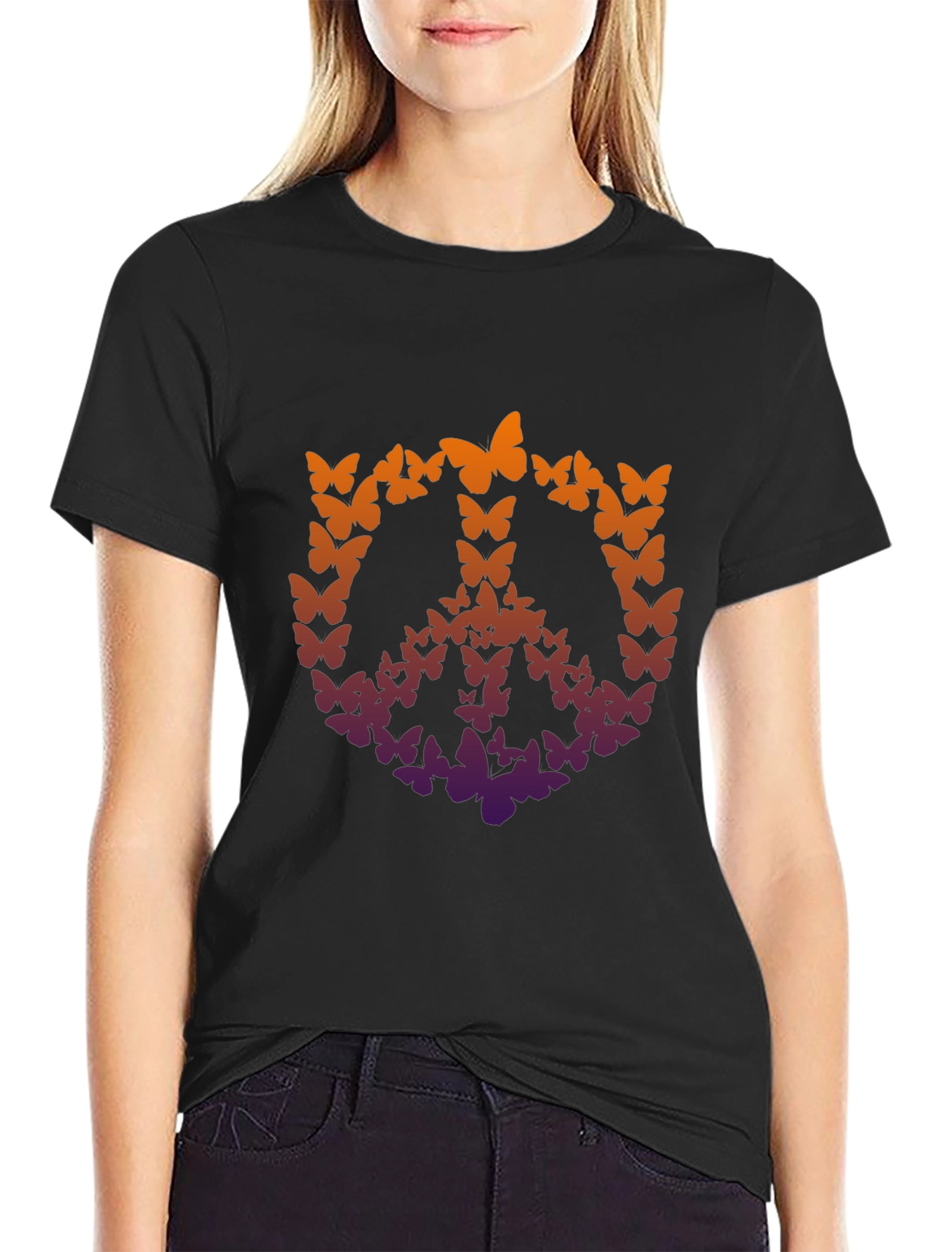 Butterfly Peace Sign Graphic T-Shirt - Black