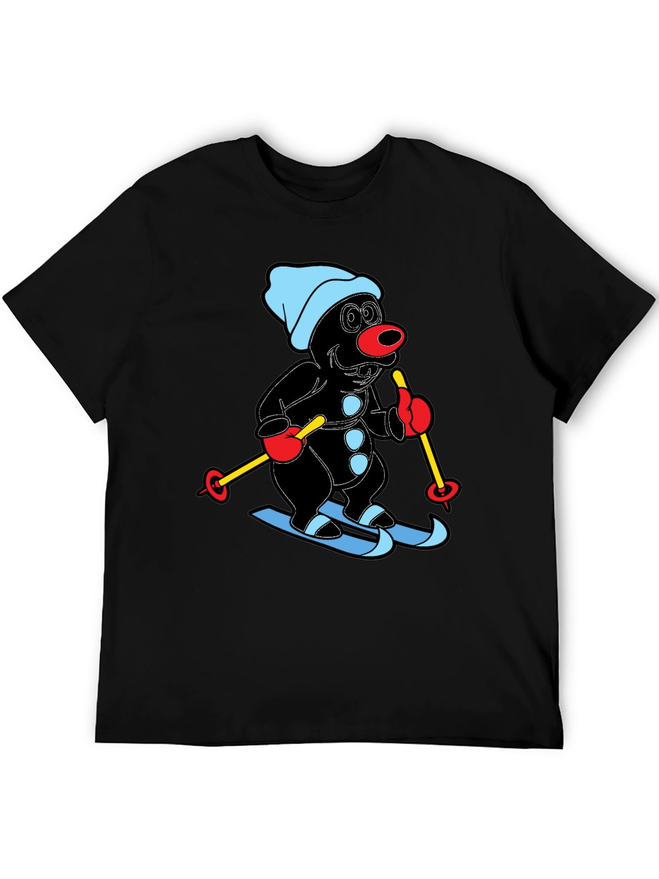 Cartoon Mole Skiing Graphic Black T-Shirt