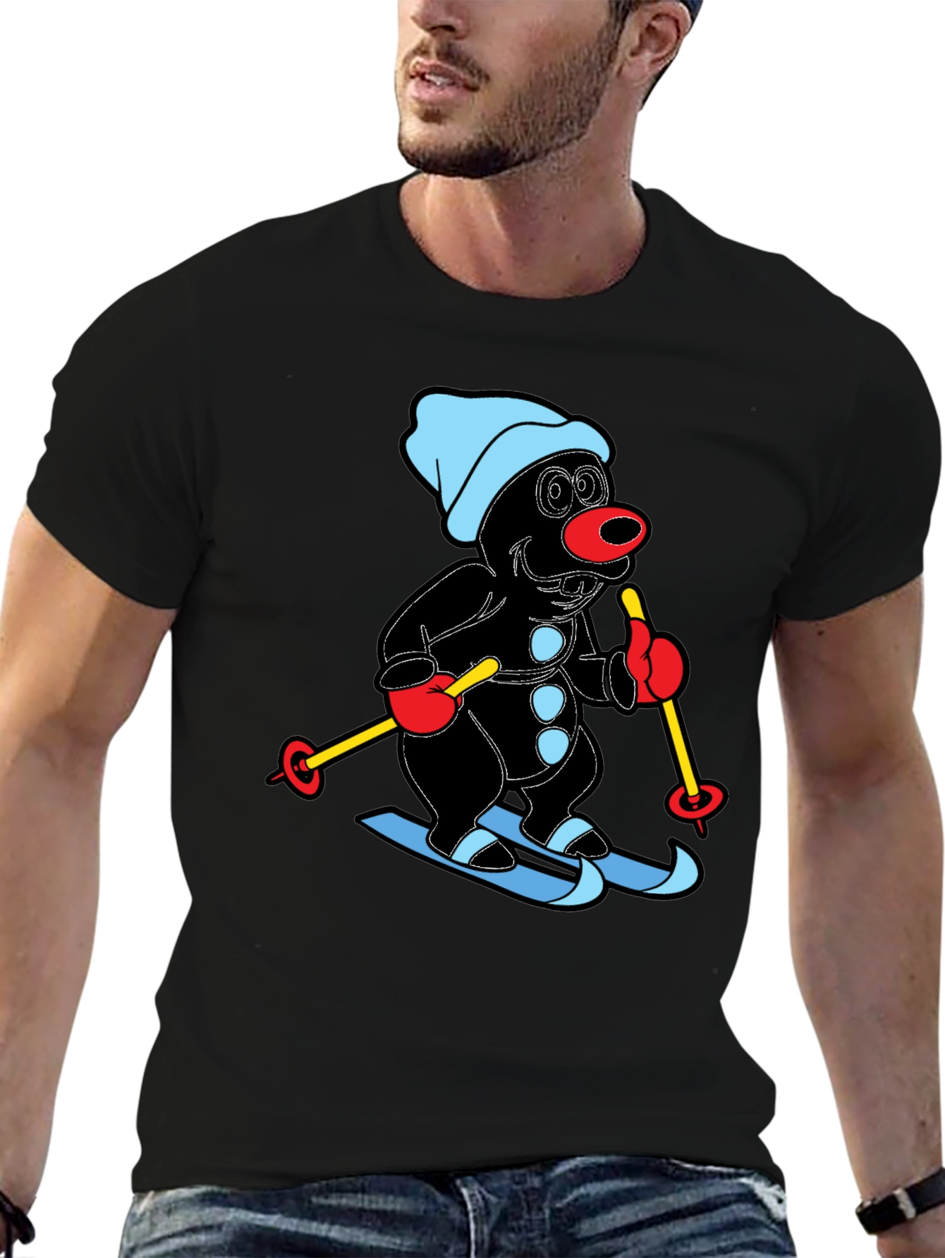Cartoon Mole Skiing Graphic Black T-Shirt