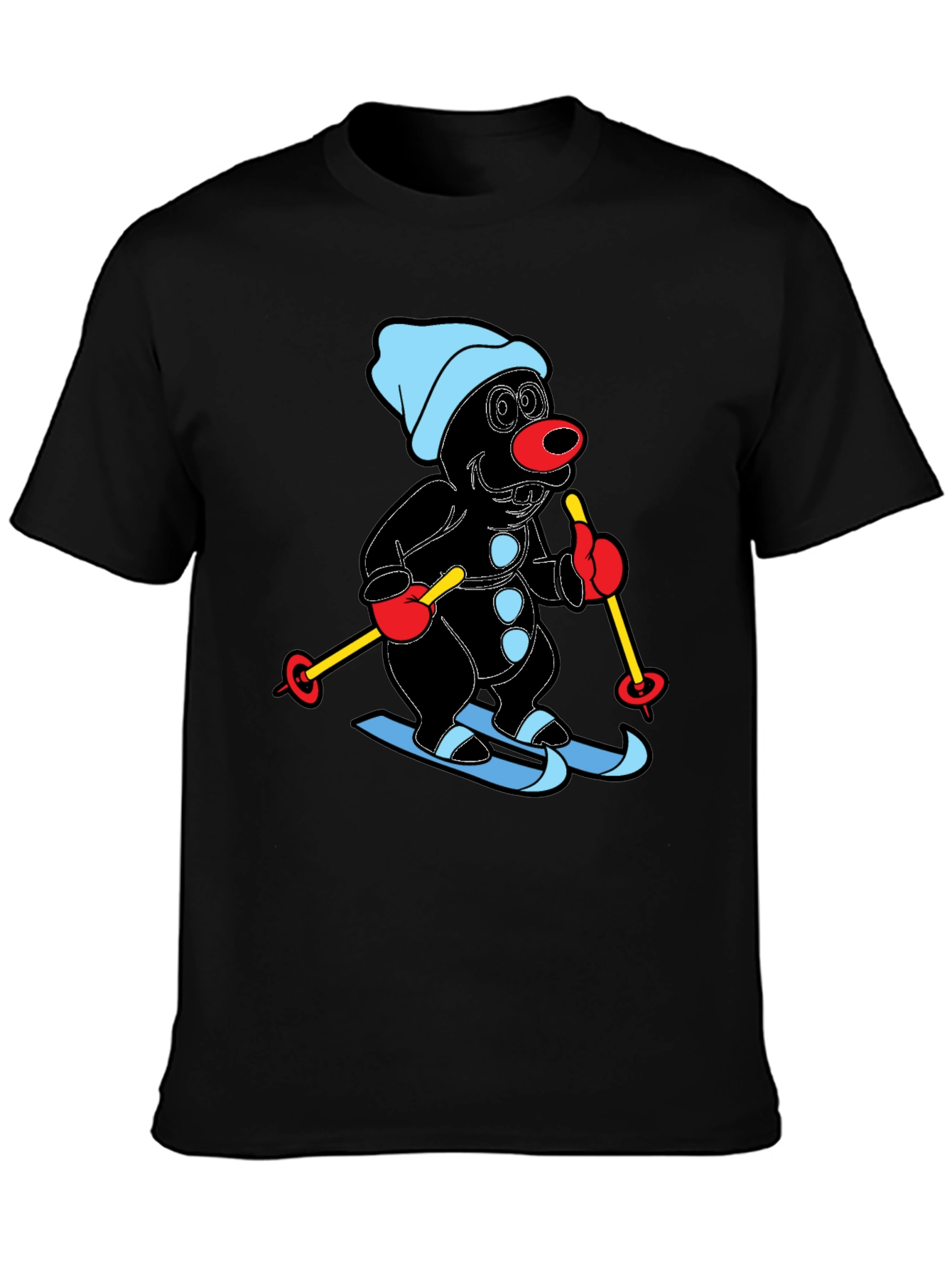 Cartoon Mole Skiing Graphic Black T-Shirt
