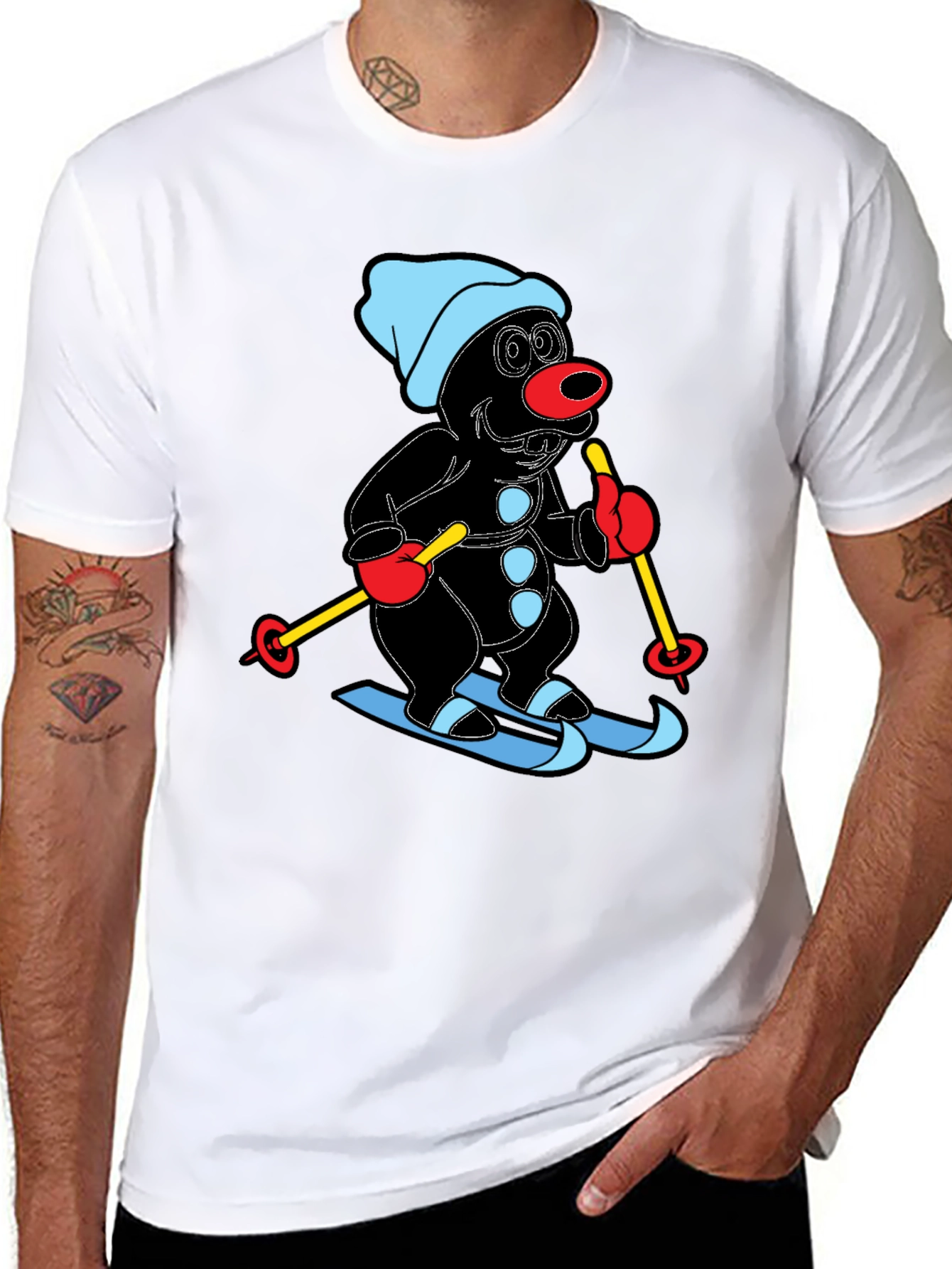 Cartoon Mole Skiing Graphic Black T-Shirt