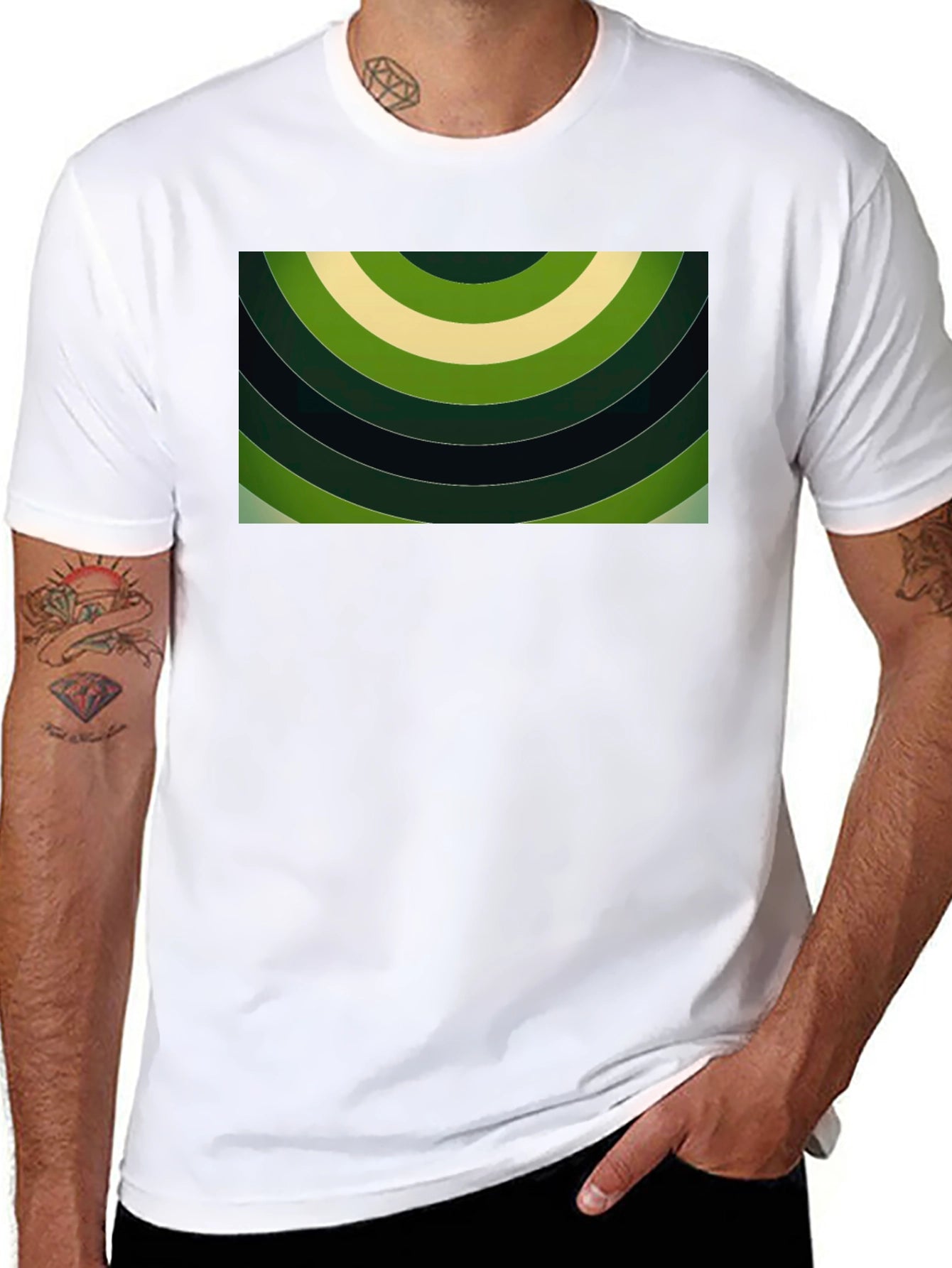 Abstract Green Rings Graphic Black T-Shirt