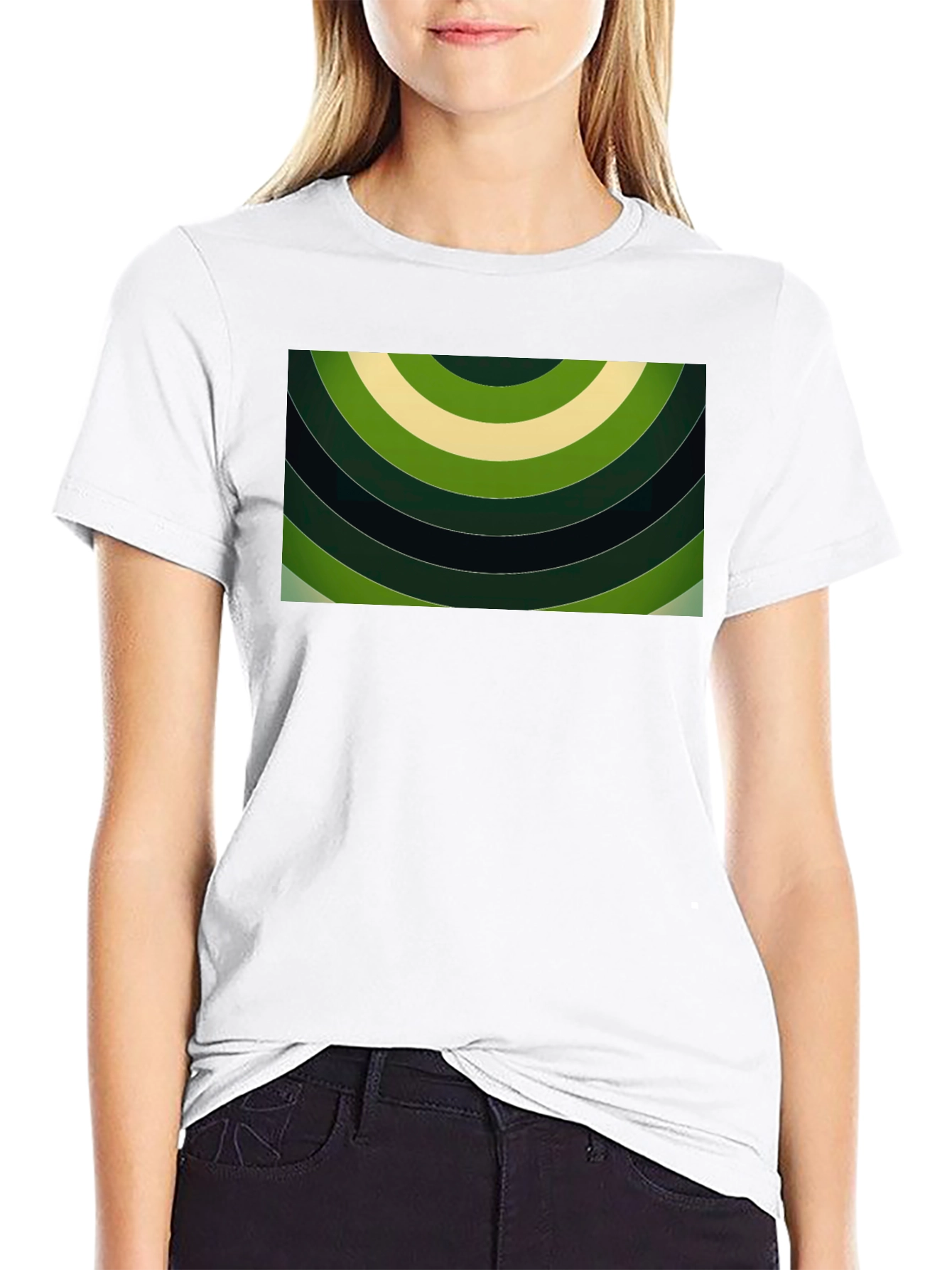 Abstract Green Rings Graphic Black T-Shirt
