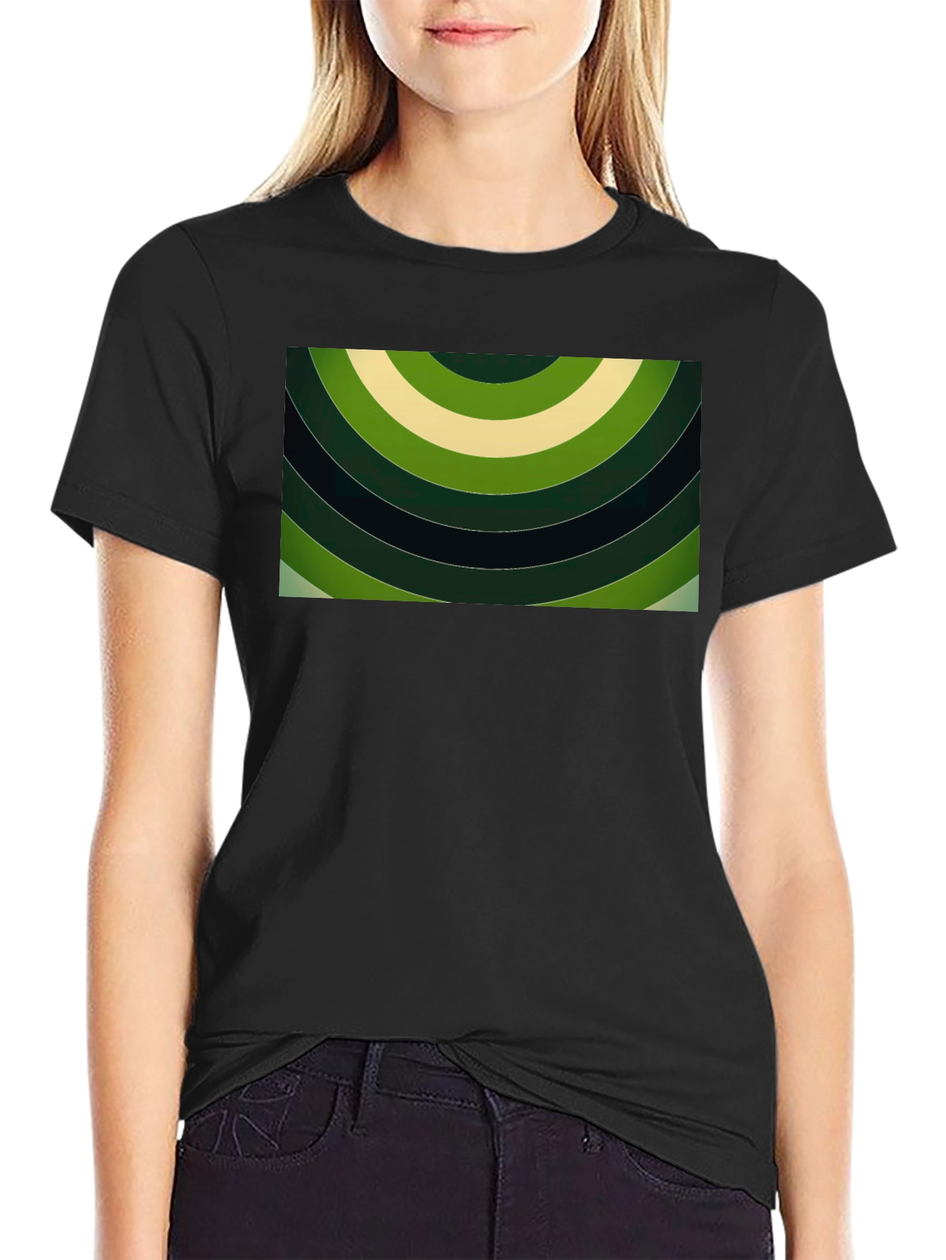 Abstract Green Rings Graphic Black T-Shirt