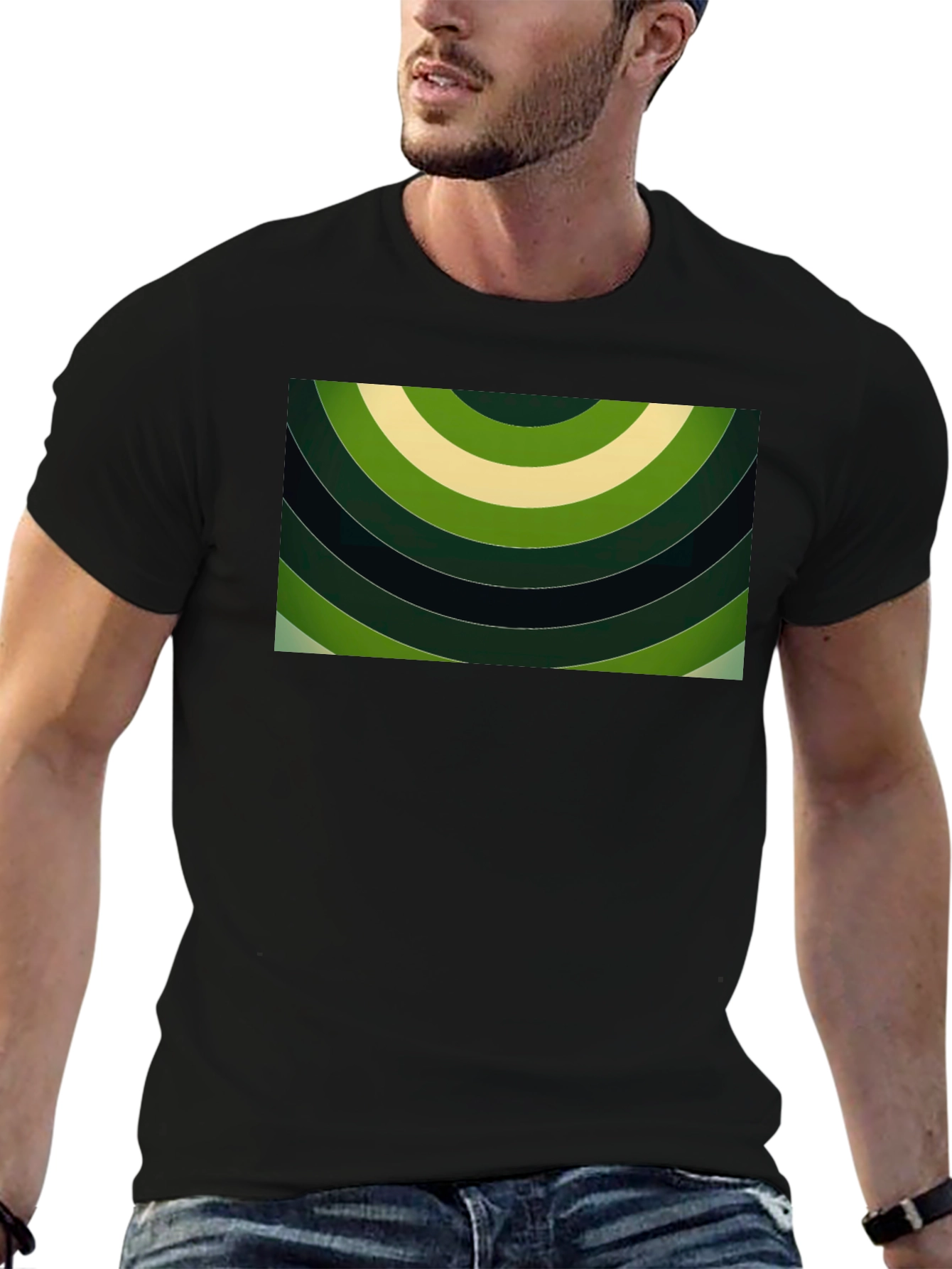 Abstract Green Rings Graphic Black T-Shirt