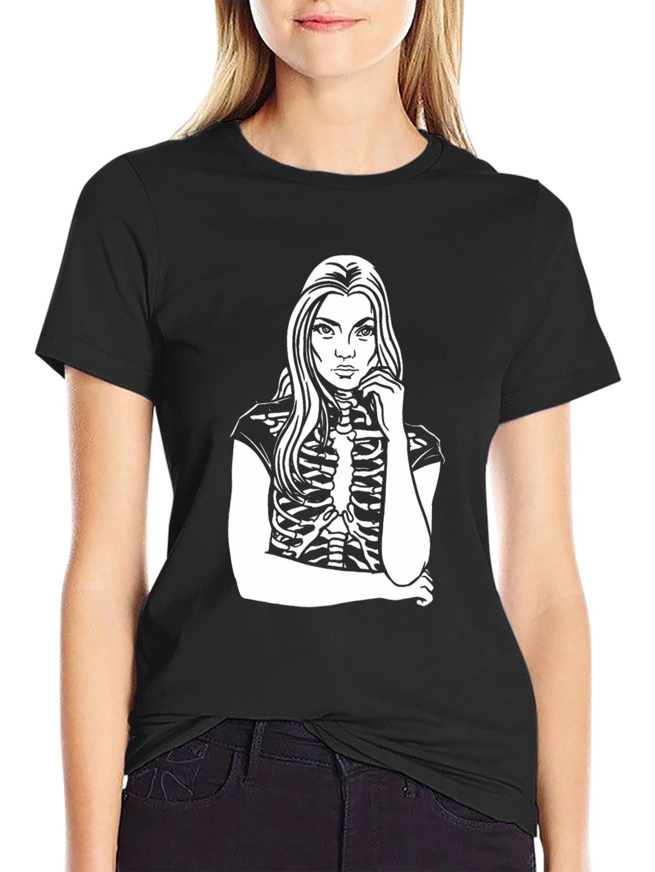 Skeleton Girl Graphic Tee - Black Cotton Blend
