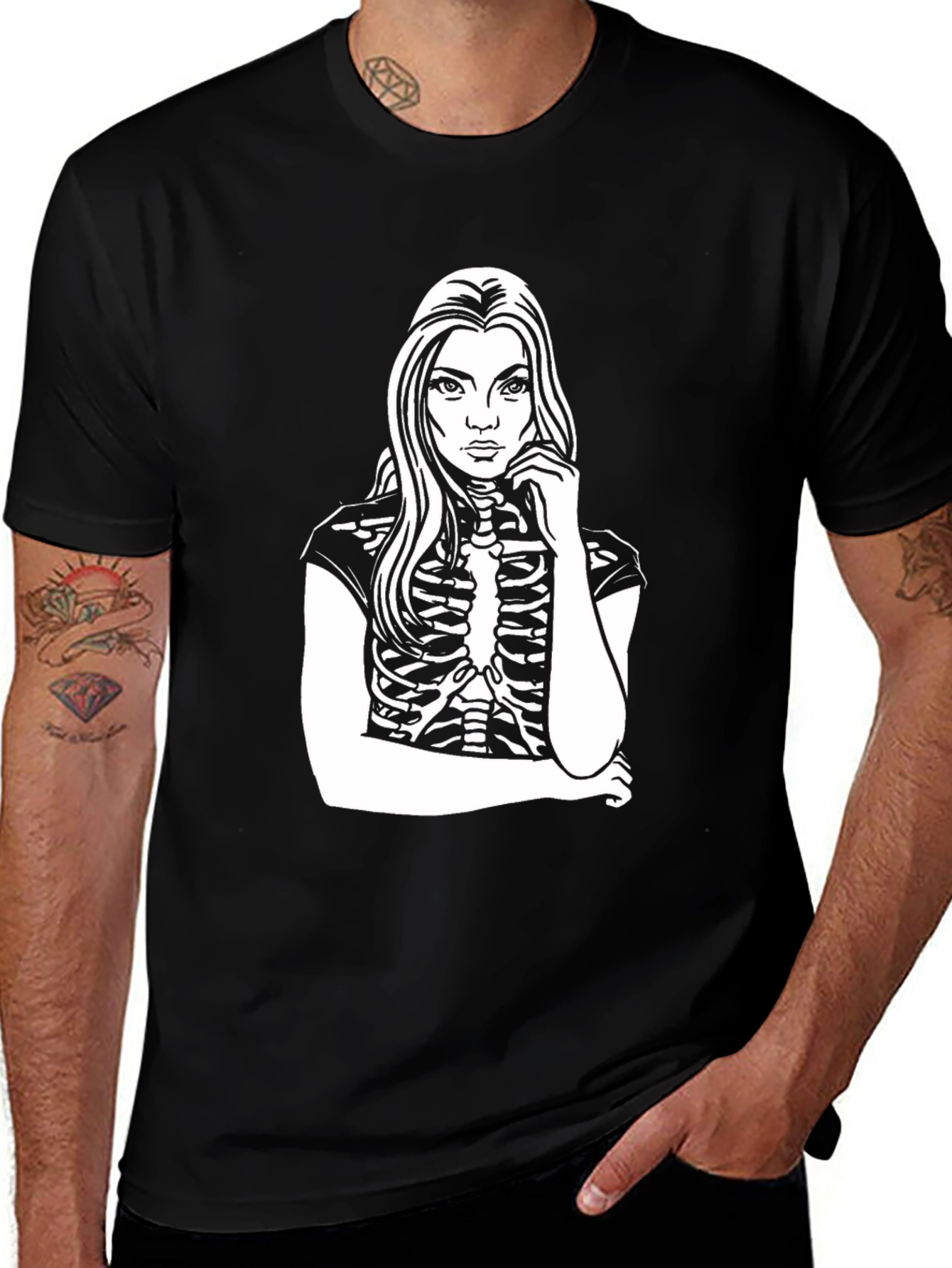Skeleton Girl Graphic Tee - Black Cotton Blend