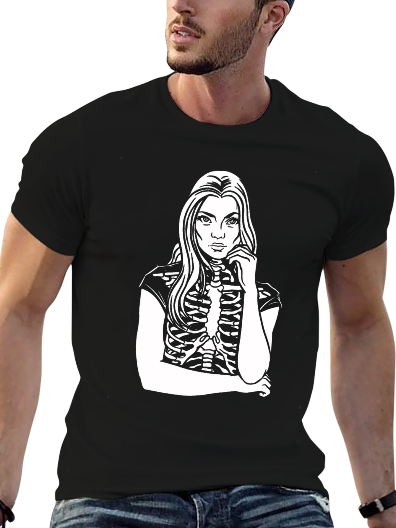 Skeleton Girl Graphic Tee - Black Cotton Blend