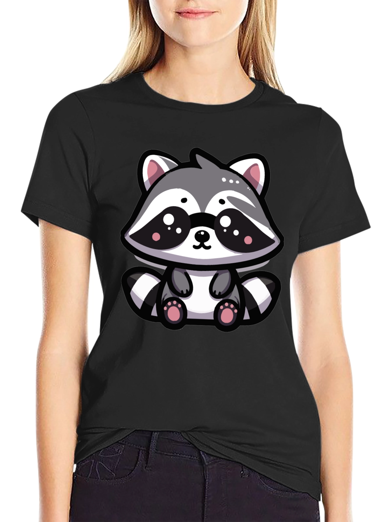 Cute Raccoon Graphic Tee - Black Cotton Blend T-Shirt
