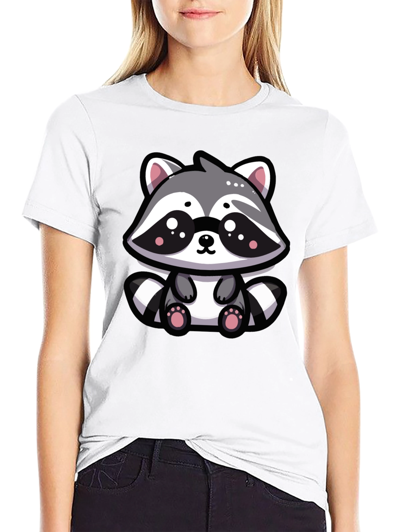 Cute Raccoon Graphic Tee - Black Cotton Blend T-Shirt
