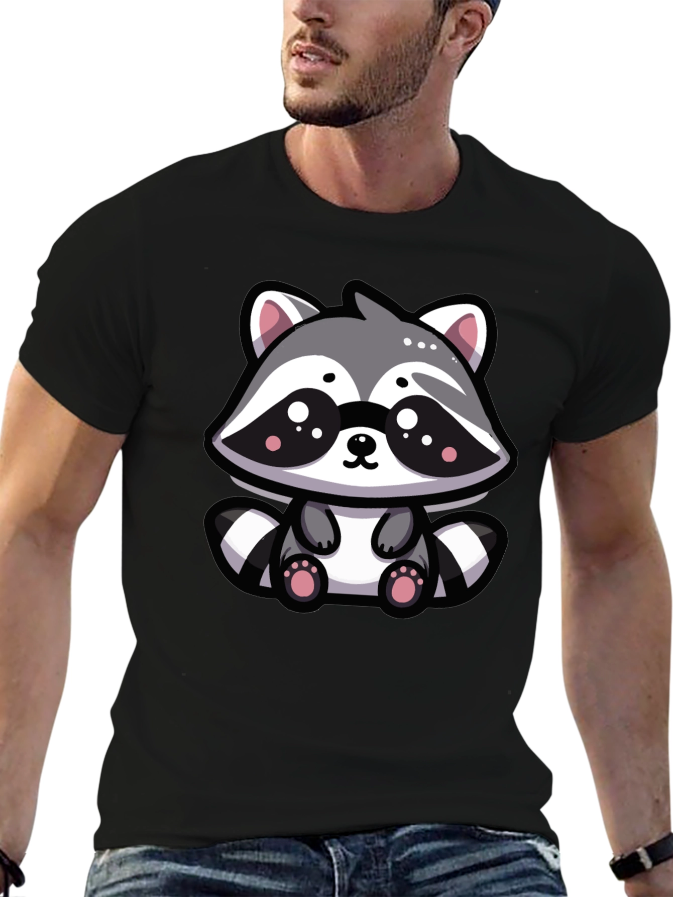 Cute Raccoon Graphic Tee - Black Cotton Blend T-Shirt