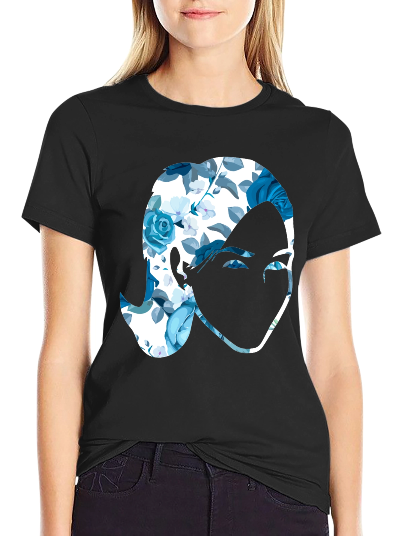 Floral Face Graphic Black T-Shirt