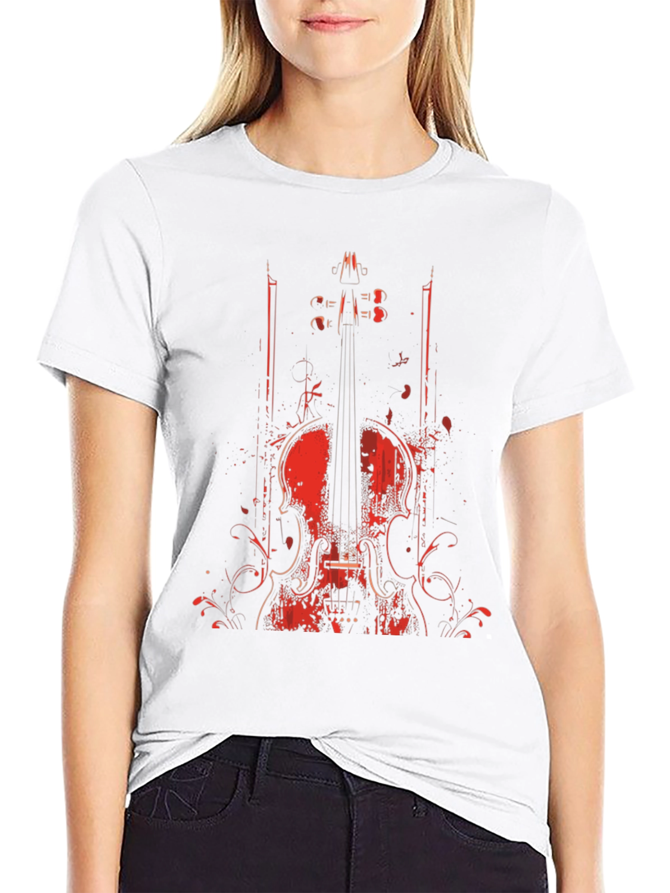 Violin Graphic Print Crew Neck T-Shirt