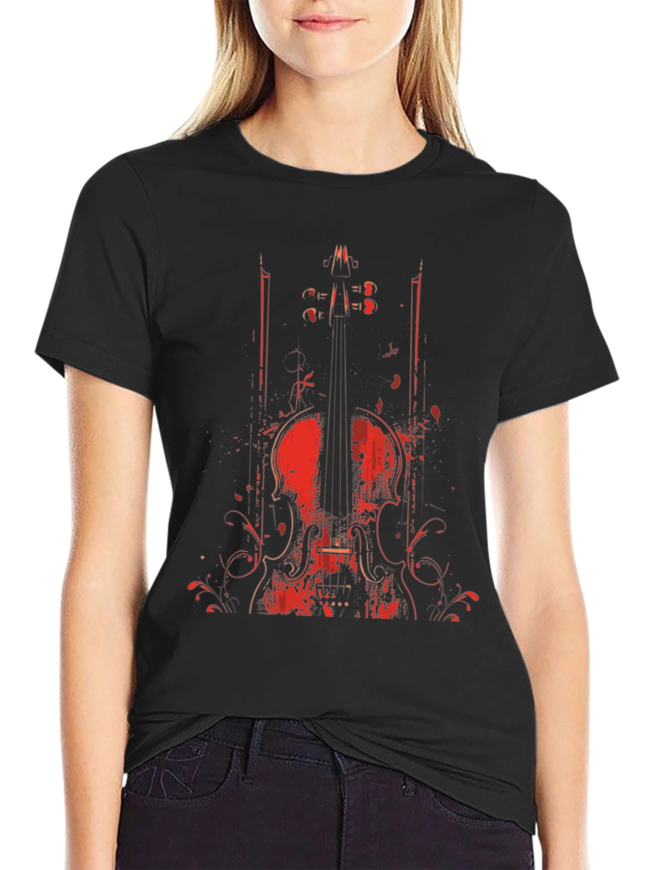Violin Graphic Print Crew Neck T-Shirt