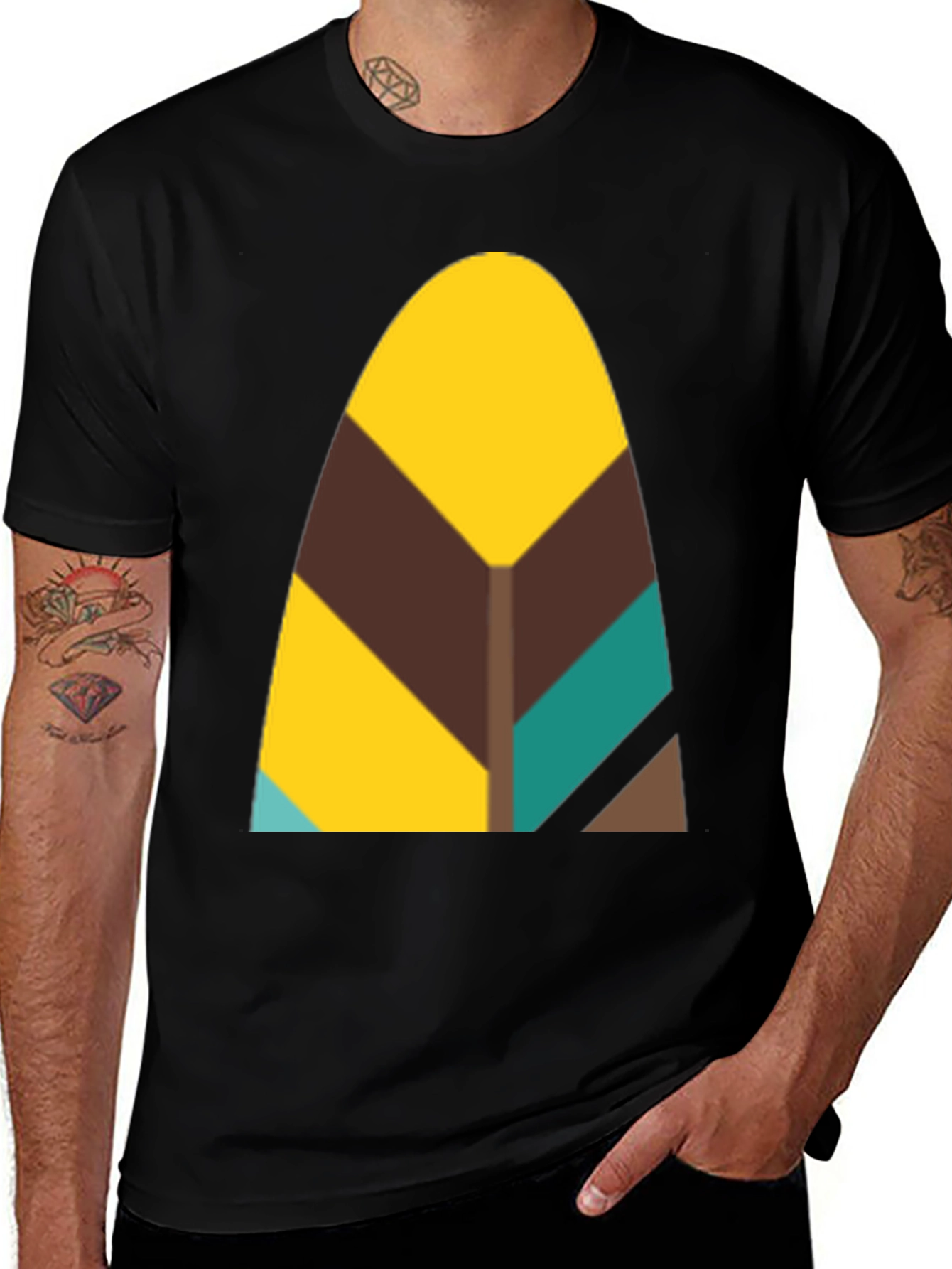 Abstract Geometric Feather Graphic Black Tee