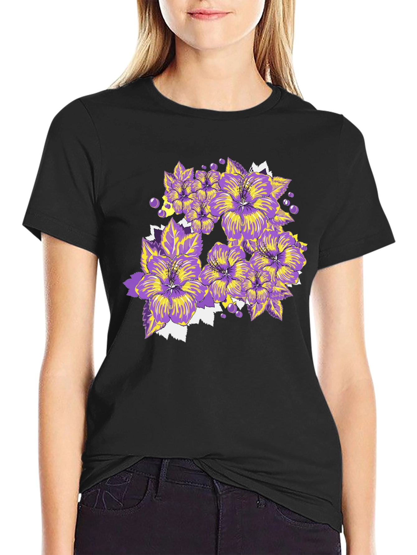 Floral T-Shirt - Purple and Yellow Flowers