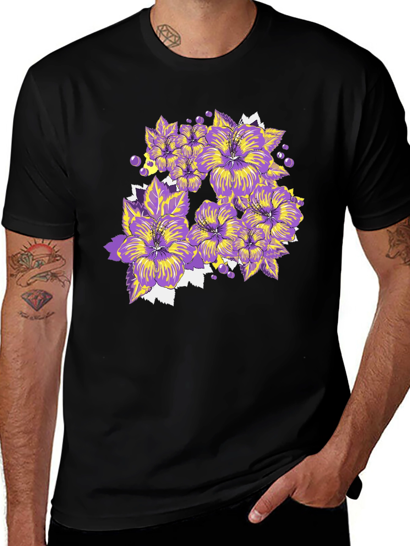 Floral T-Shirt - Purple and Yellow Flowers