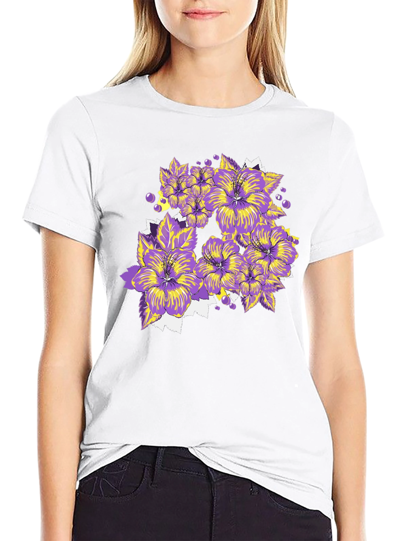 Floral T-Shirt - Purple and Yellow Flowers
