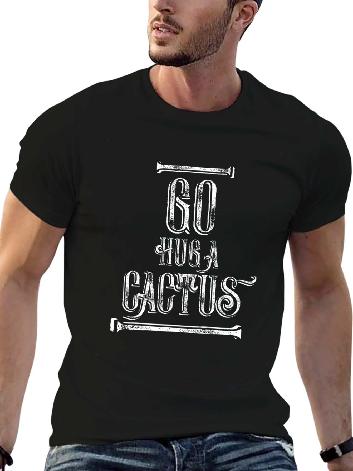 Go Hug A Cactus Black Graphic T-Shirt