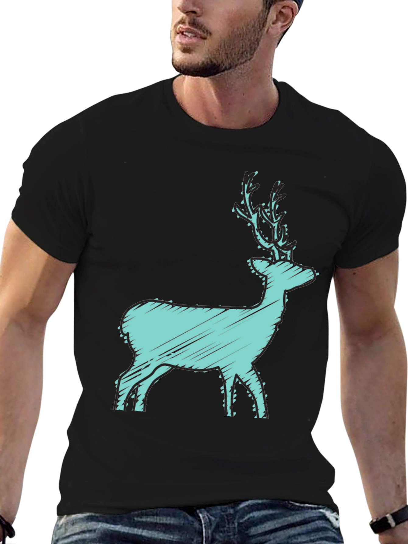 Black T-Shirt with Turquoise Deer Graphic