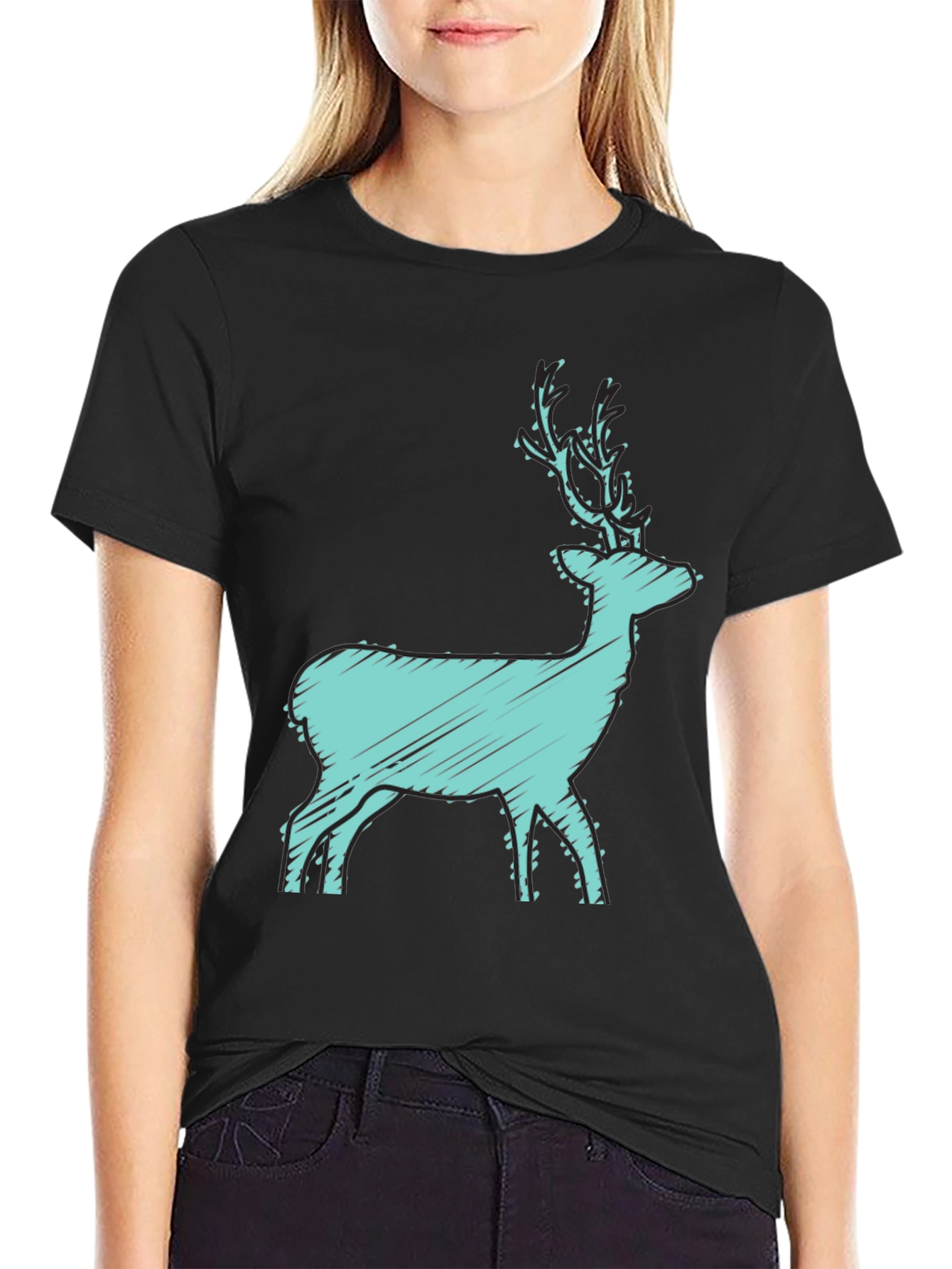 Black T-Shirt with Turquoise Deer Graphic