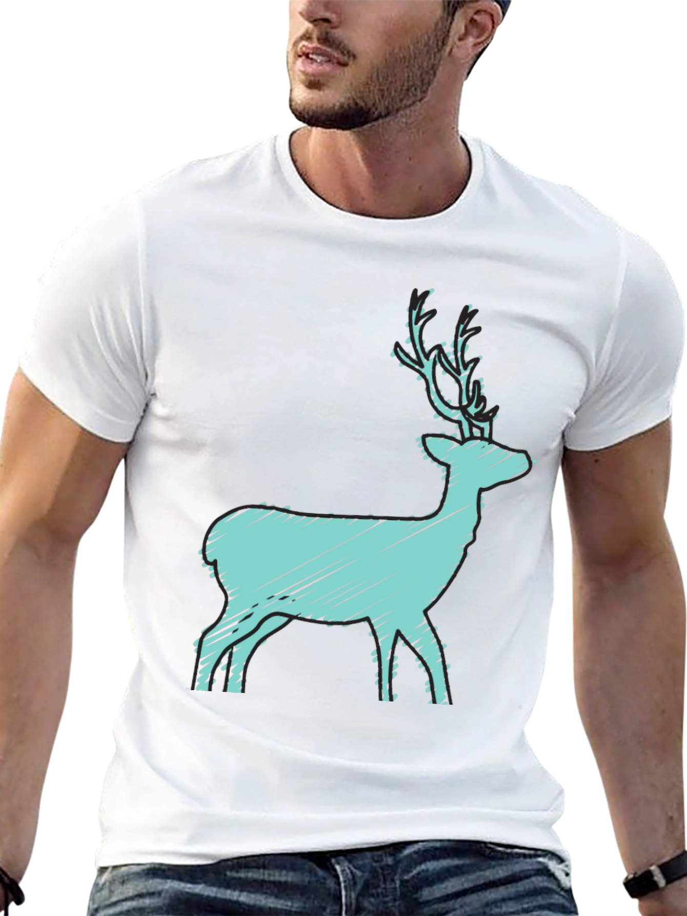 Black T-Shirt with Turquoise Deer Graphic