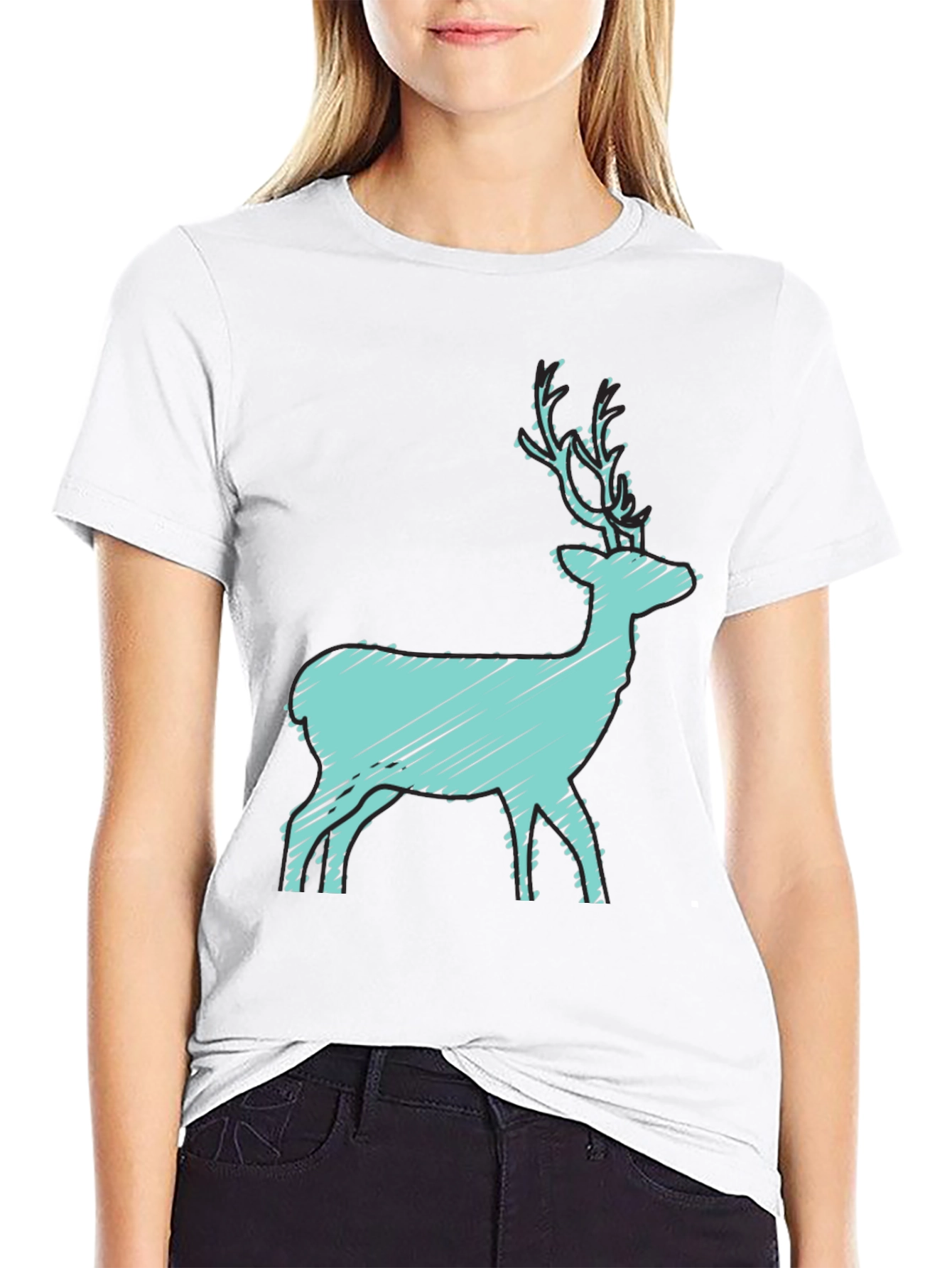 Black T-Shirt with Turquoise Deer Graphic