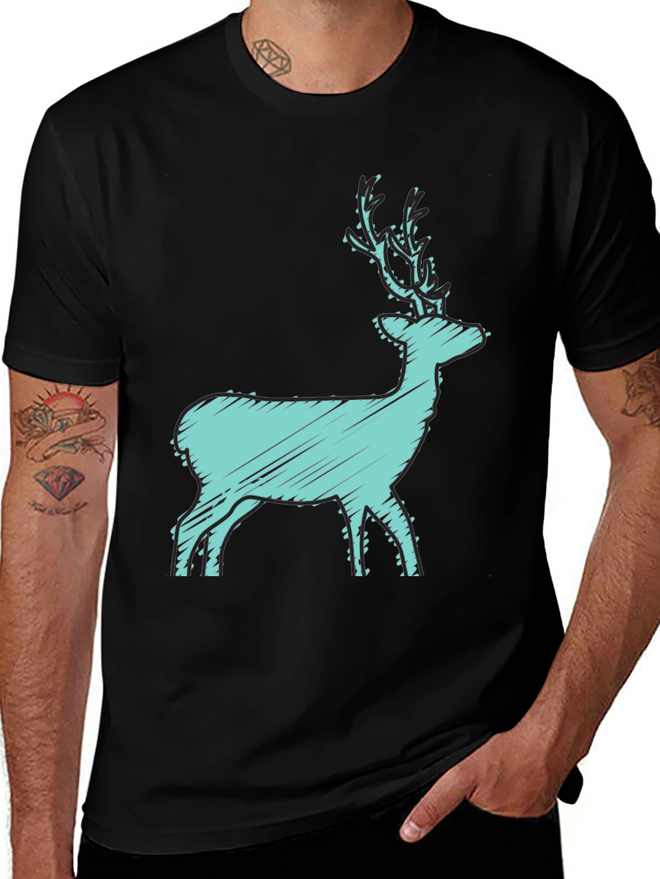 Black T-Shirt with Turquoise Deer Graphic