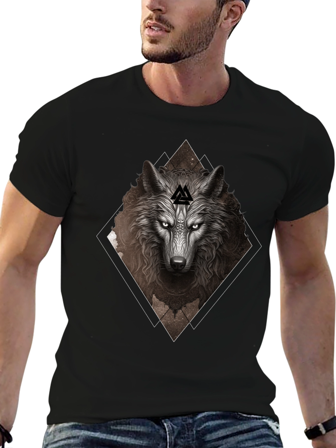 Wolf Graphic T-Shirt - Viking Symbol Black Tee