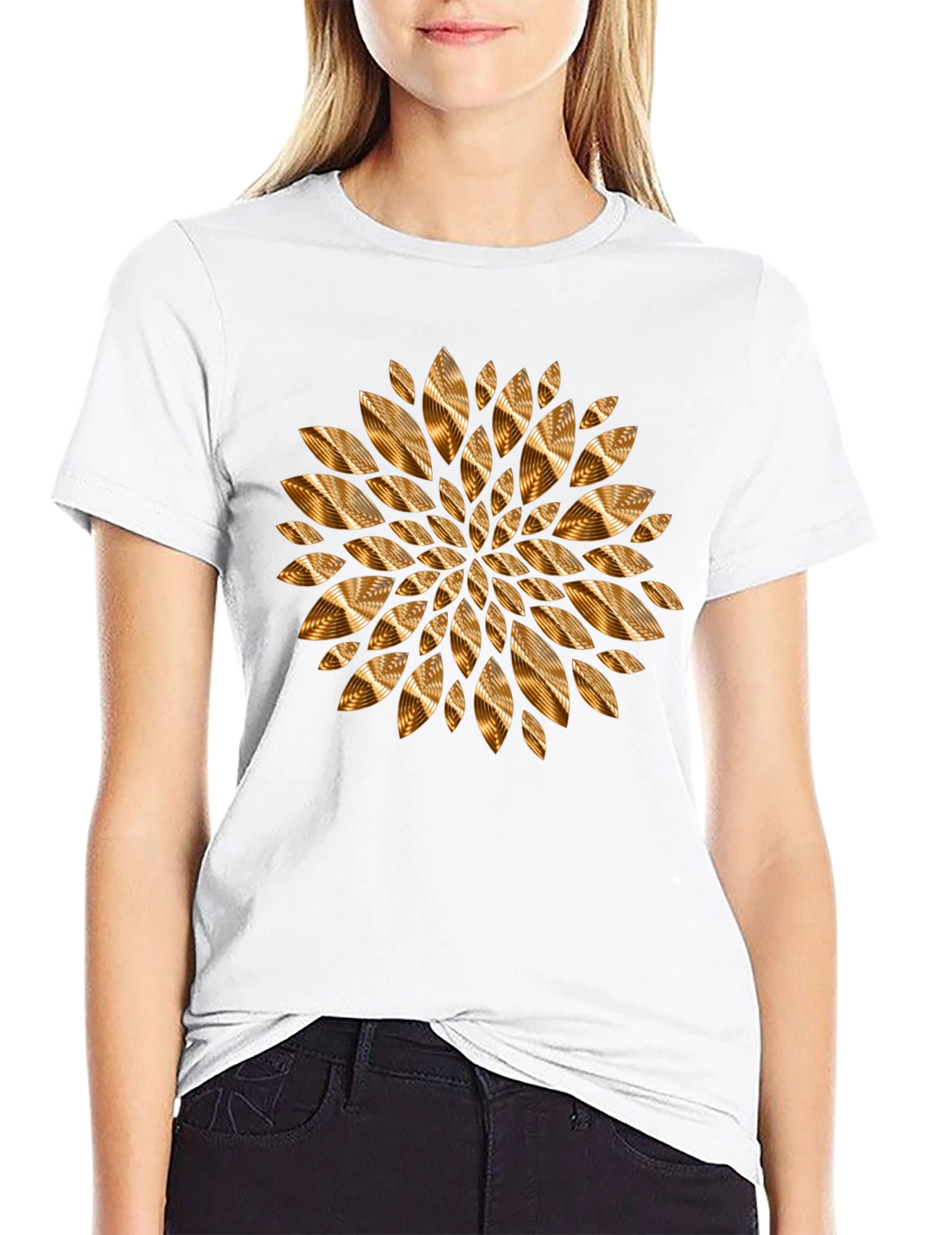 Abstract Gold Petal Design Black T-Shirt