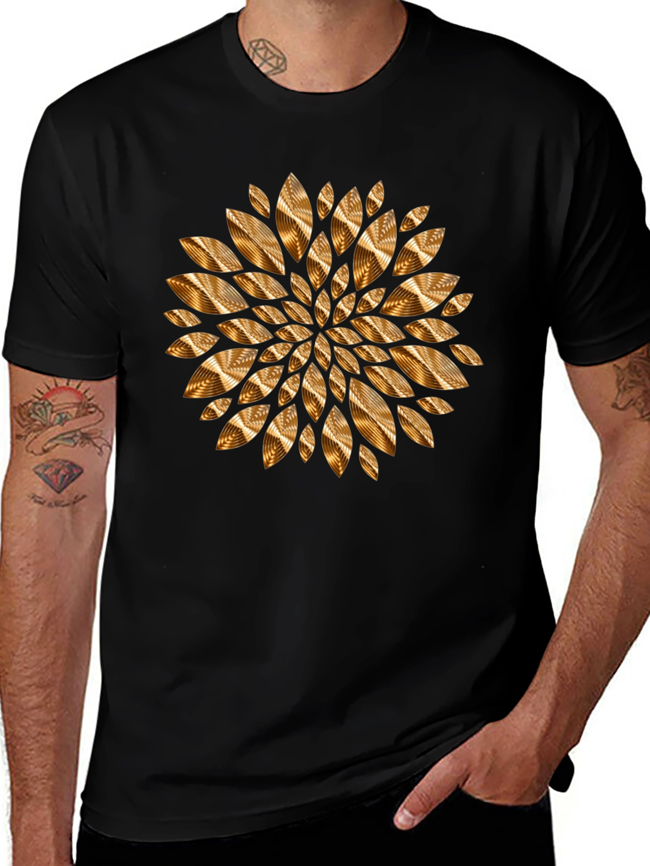 Abstract Gold Petal Design Black T-Shirt