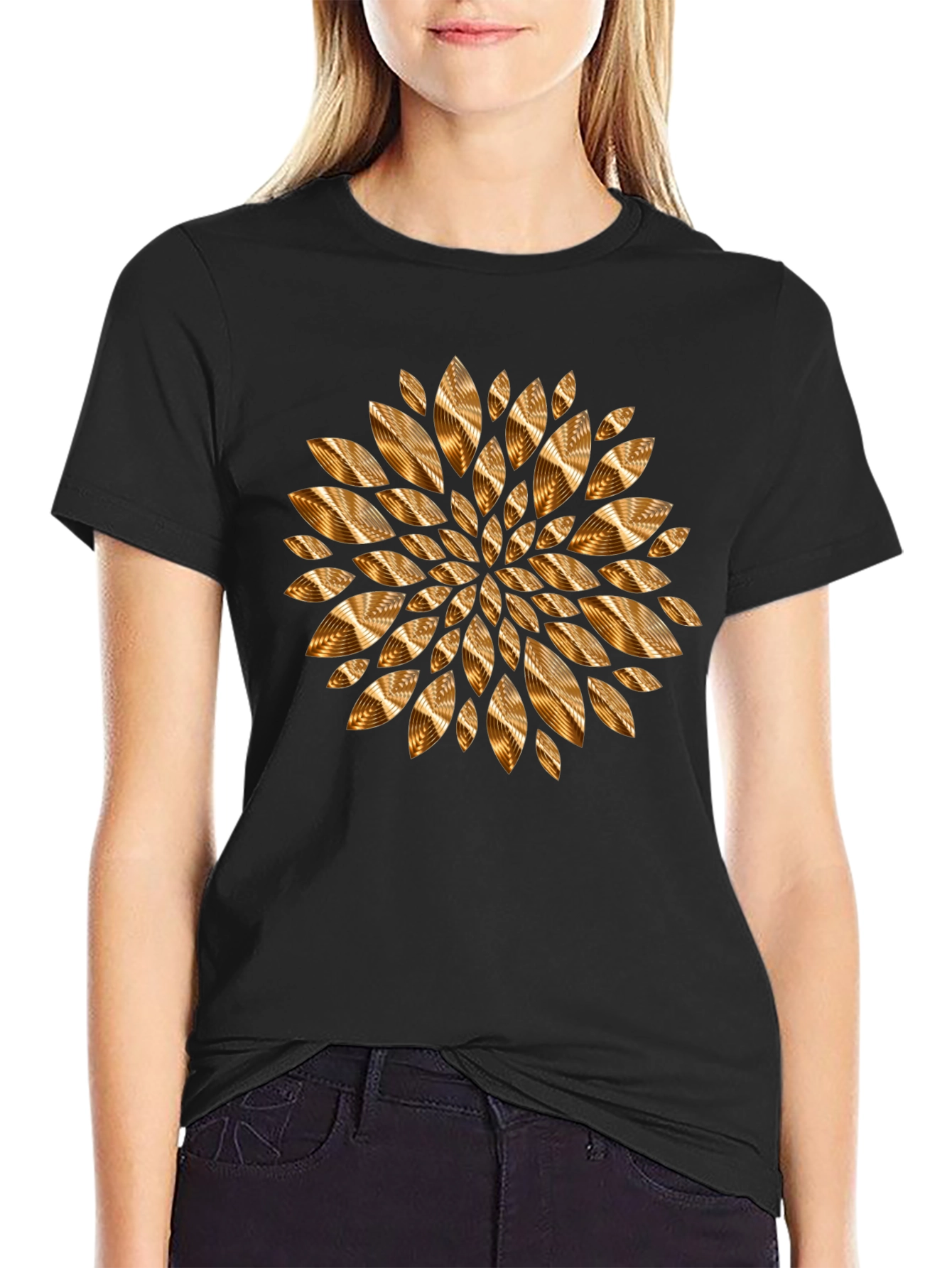 Abstract Gold Petal Design Black T-Shirt