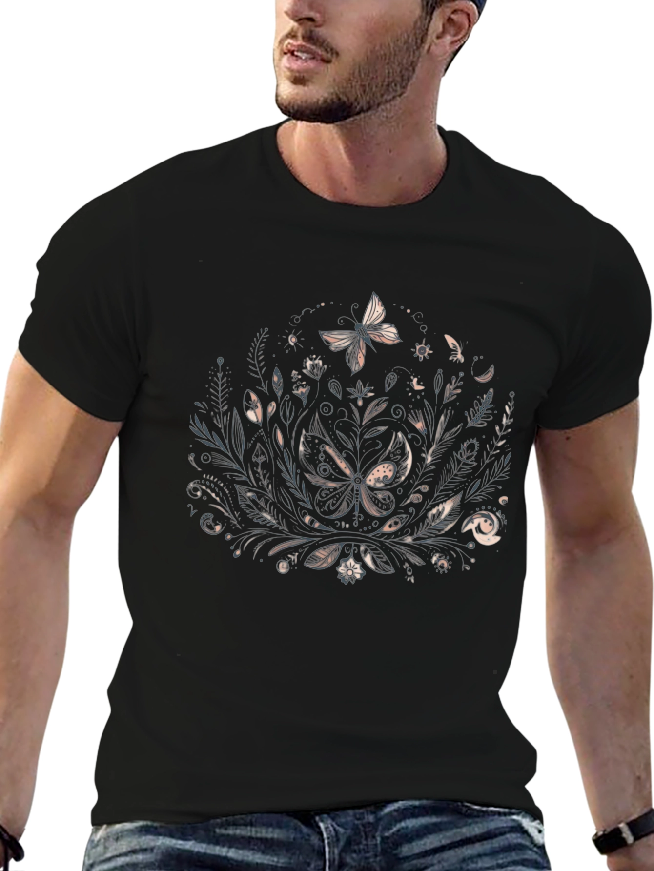 Botanical Butterfly Graphic Black Tee