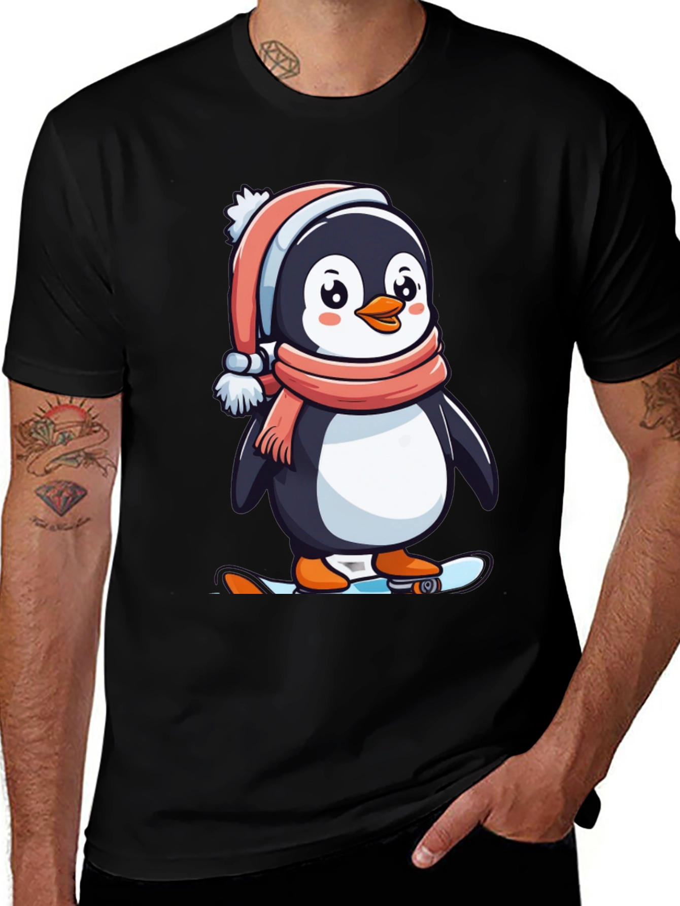 Penguin Skateboarder Black T-Shirt