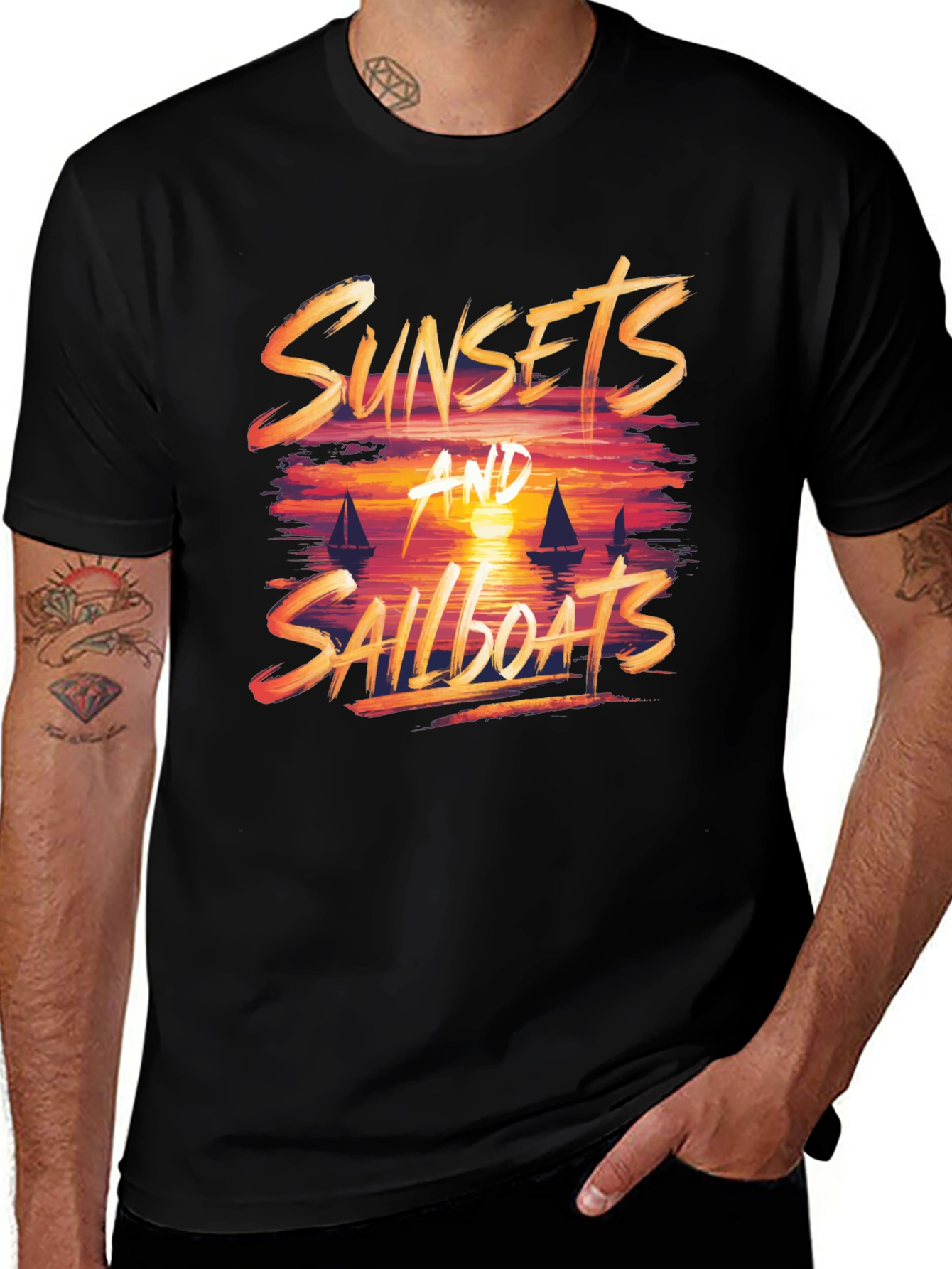 Sunsets & Sailboats Graphic Tee - Black Cotton Blend