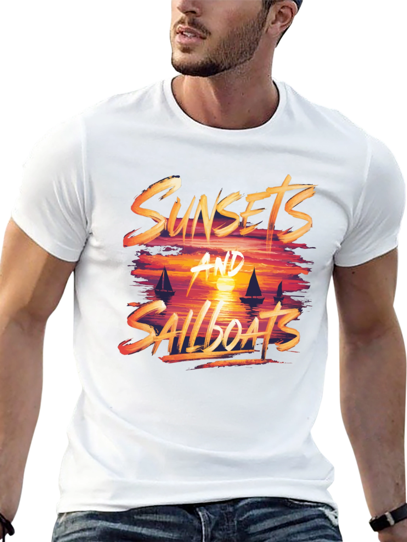 Sunsets & Sailboats Graphic Tee - Black Cotton Blend