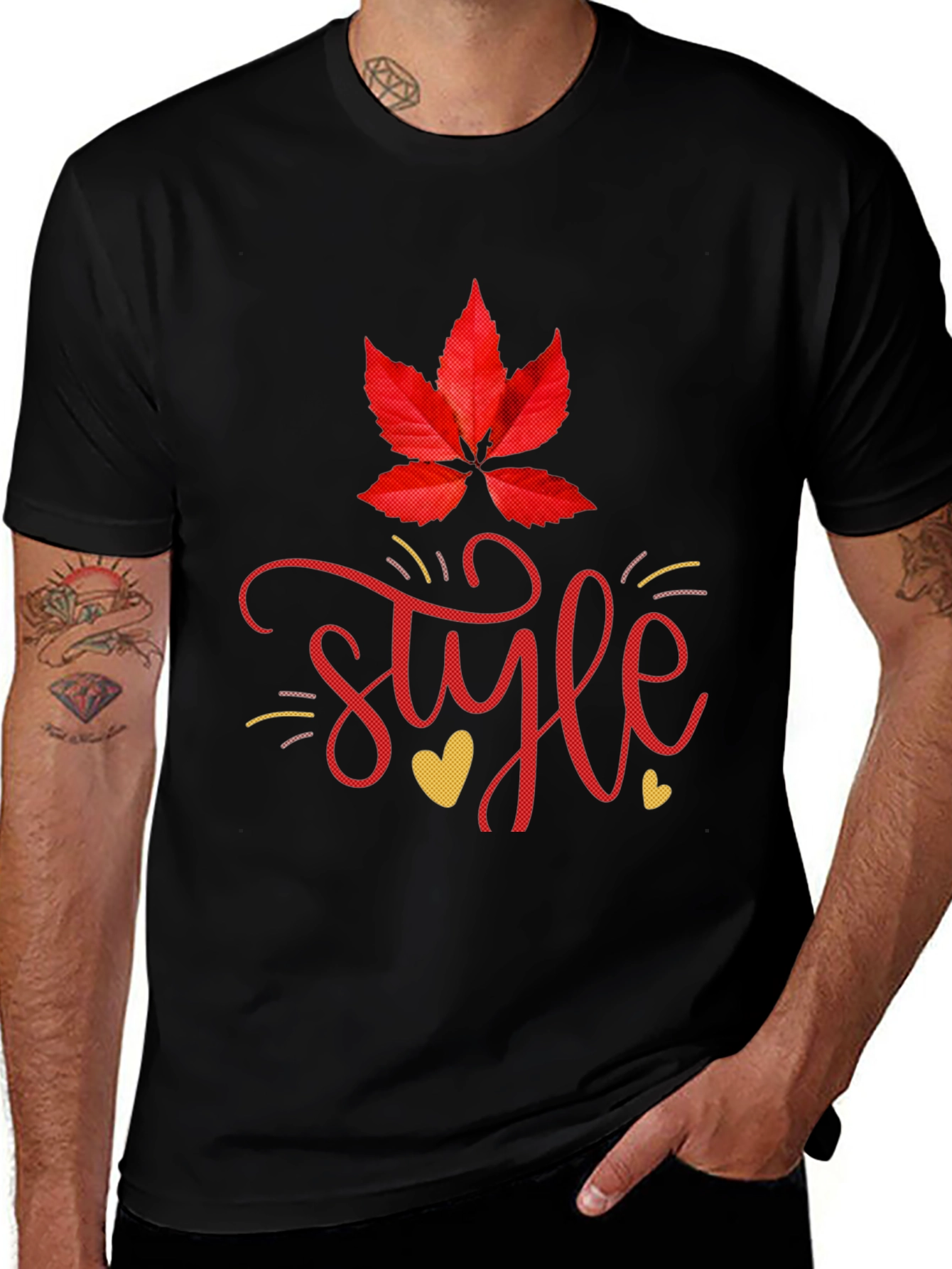 Stylish Black Tee with Leaf and Style Graphic