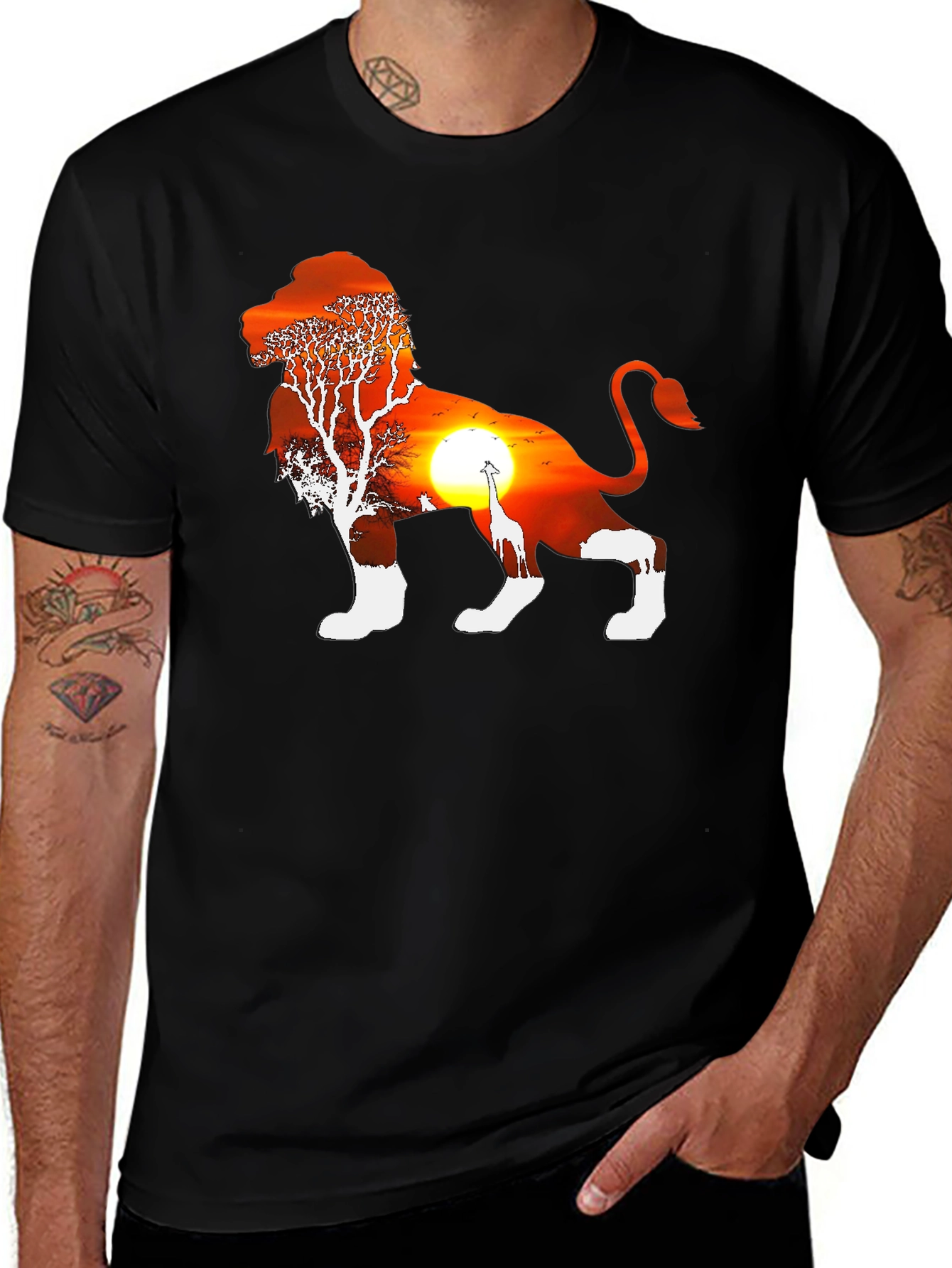 Lion Sunset Graphic Tee - Black Cotton Blend T-Shirt
