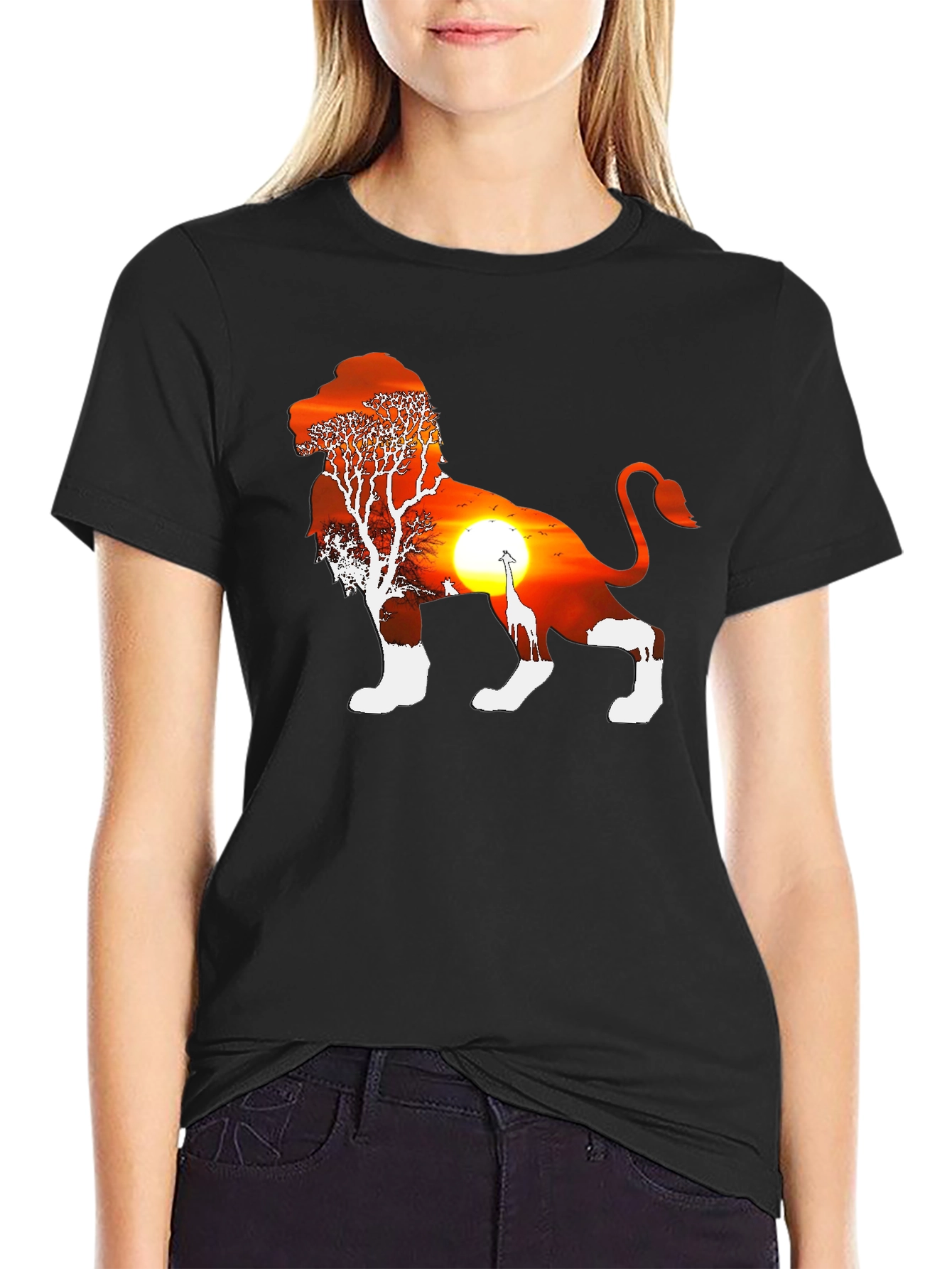 Lion Sunset Graphic Tee - Black Cotton Blend T-Shirt