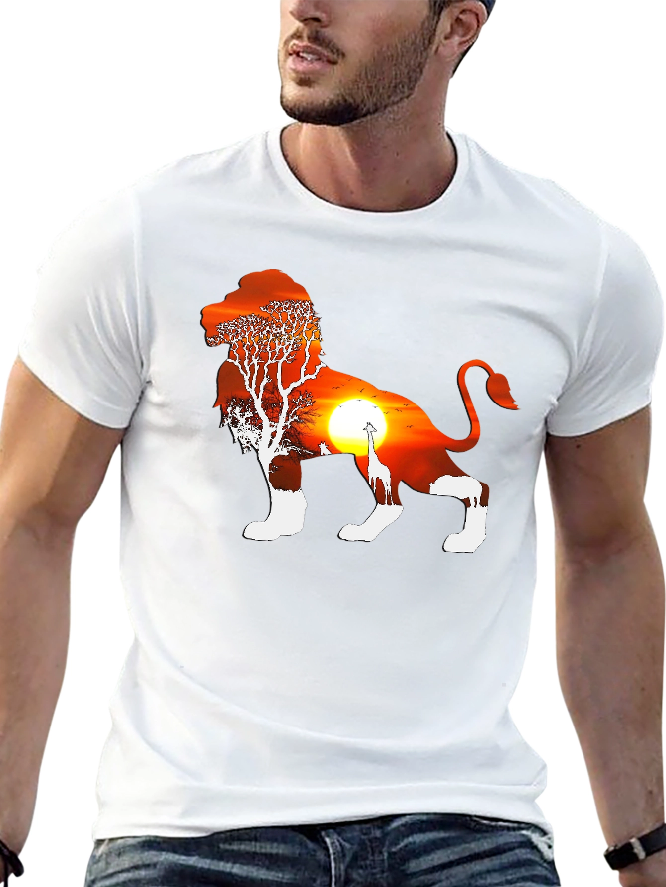 Lion Sunset Graphic Tee - Black Cotton Blend T-Shirt