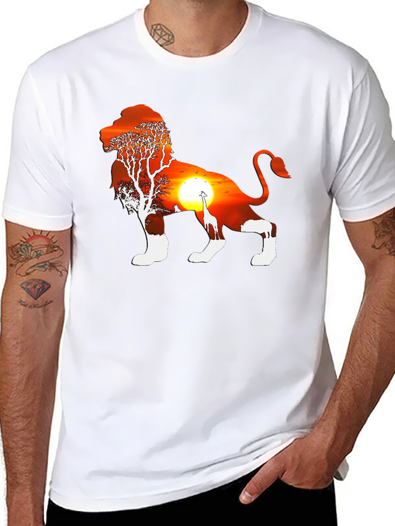 Lion Sunset Graphic Tee - Black Cotton Blend T-Shirt