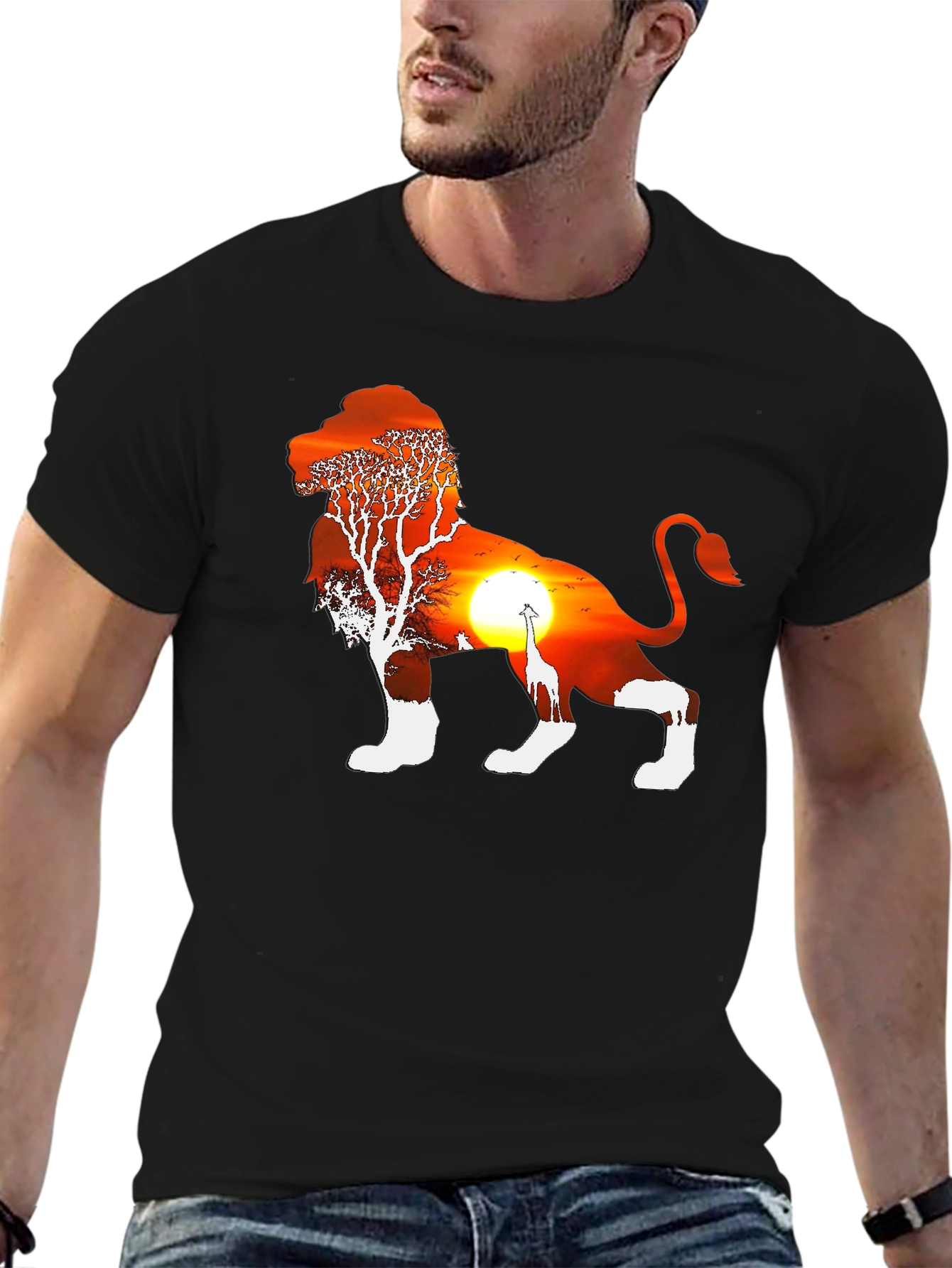 Lion Sunset Graphic Tee - Black Cotton Blend T-Shirt