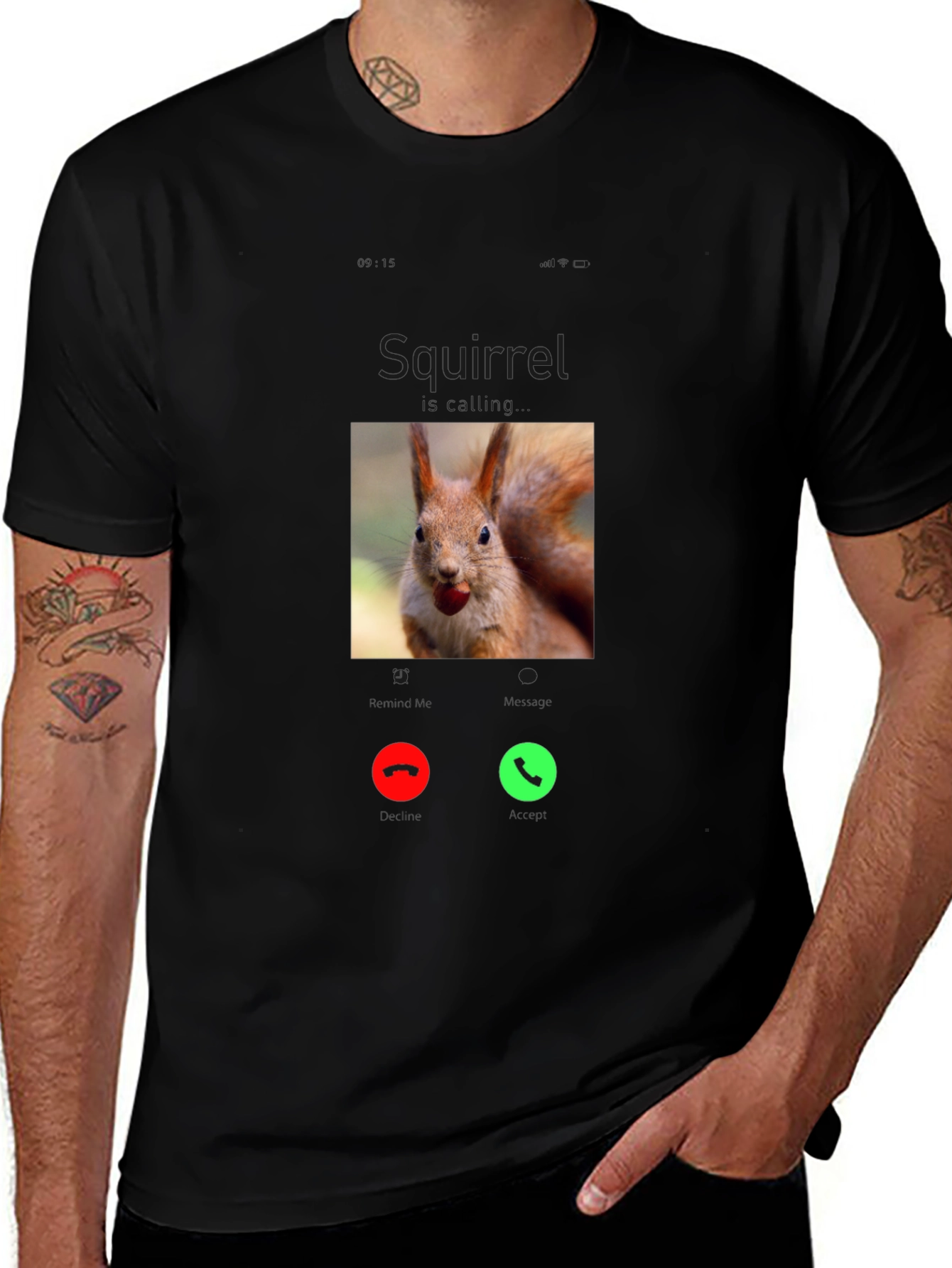 Squirrel Calling T-Shirt - Black Cotton Tee