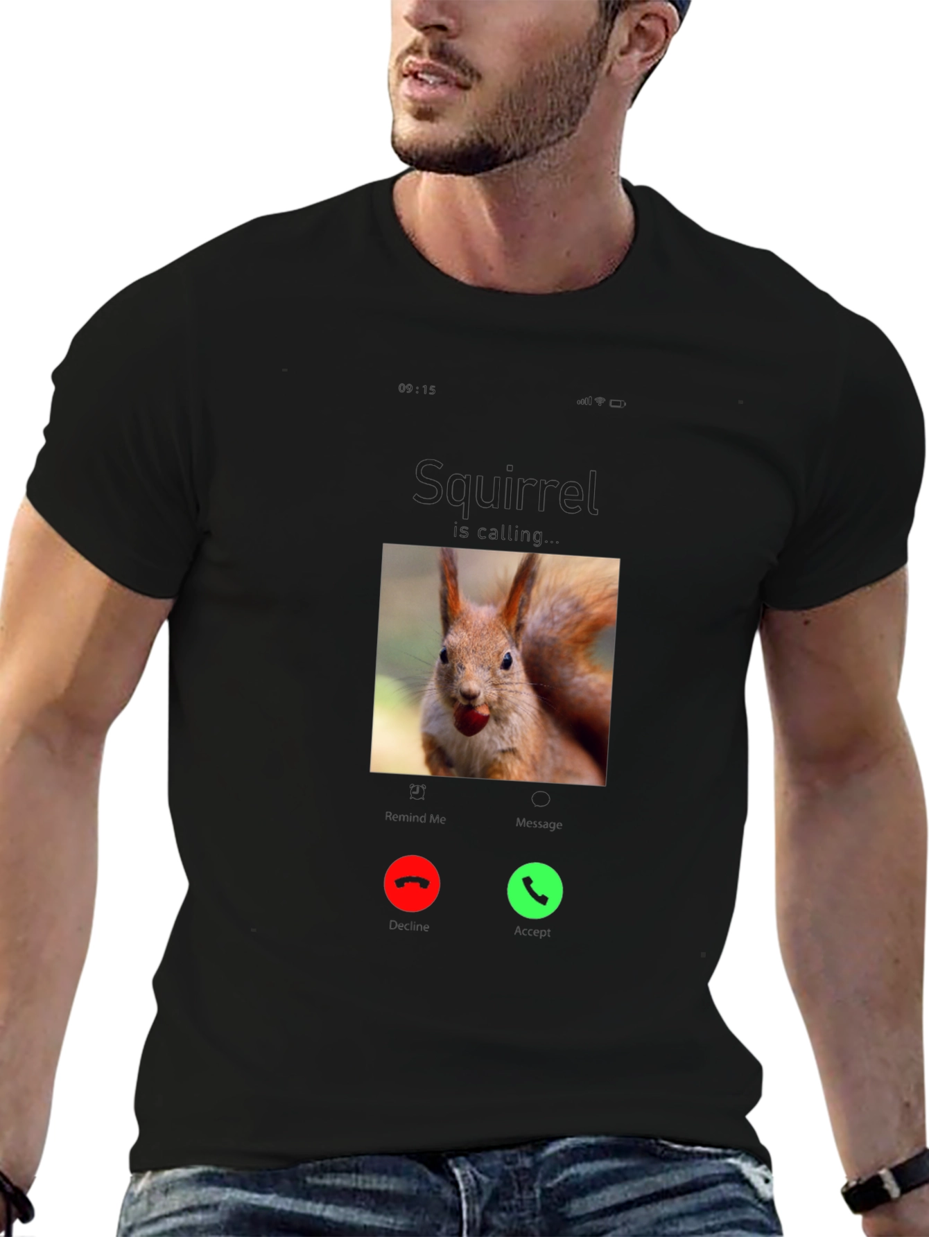 Squirrel Calling T-Shirt - Black Cotton Tee