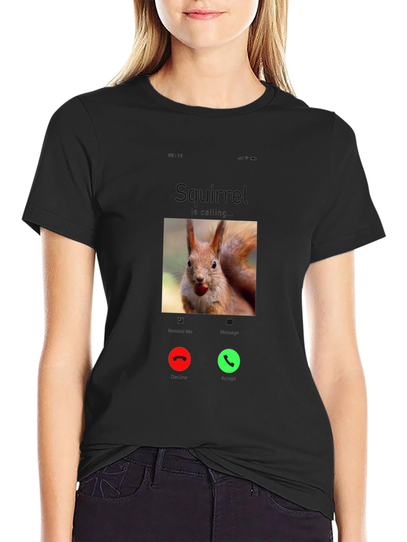 Squirrel Calling T-Shirt - Black Cotton Tee